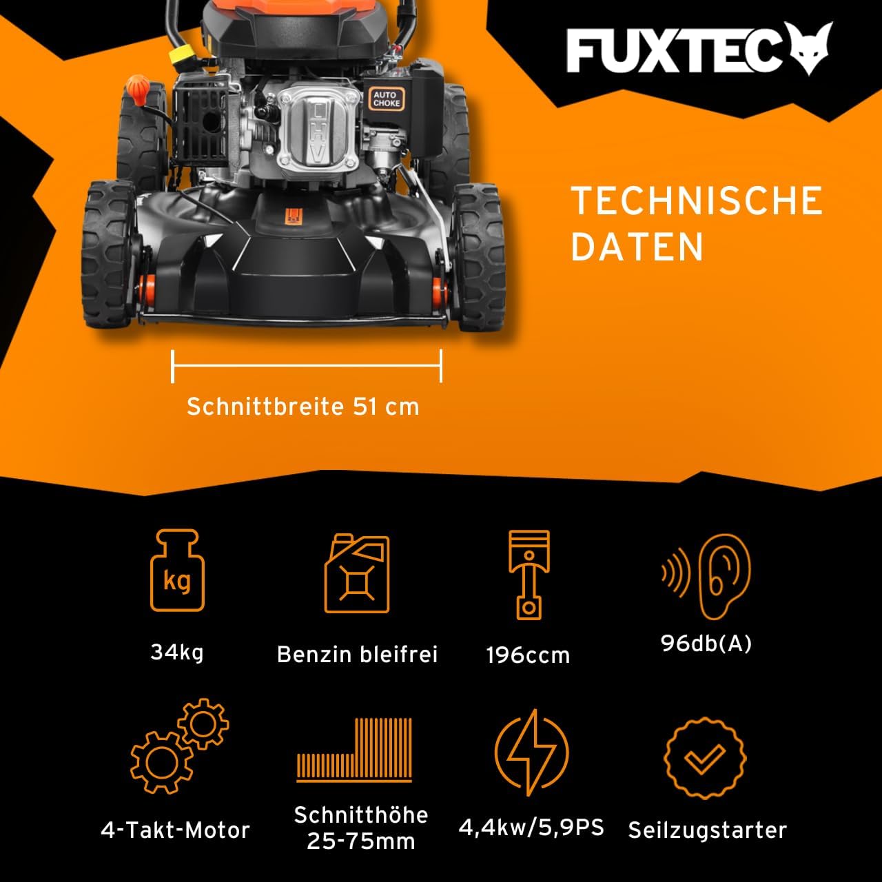 FUXTEC Benzin Rasenmäher FX-RM51SA96 Profi Mulchmäher mit 51 cm und Selbstantrieb leistungsstarker 196 cc Motor Motormäher Mulchen