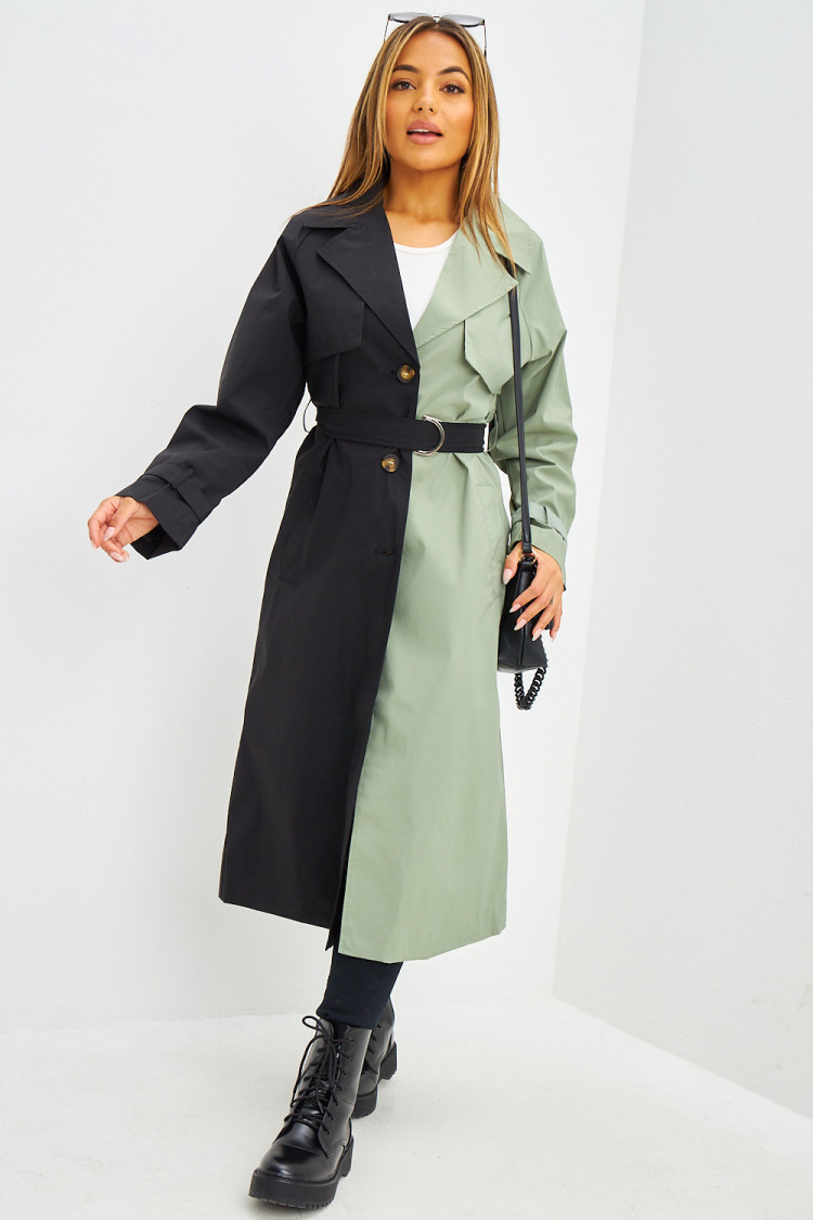 Trench long bicolore noir et kaki