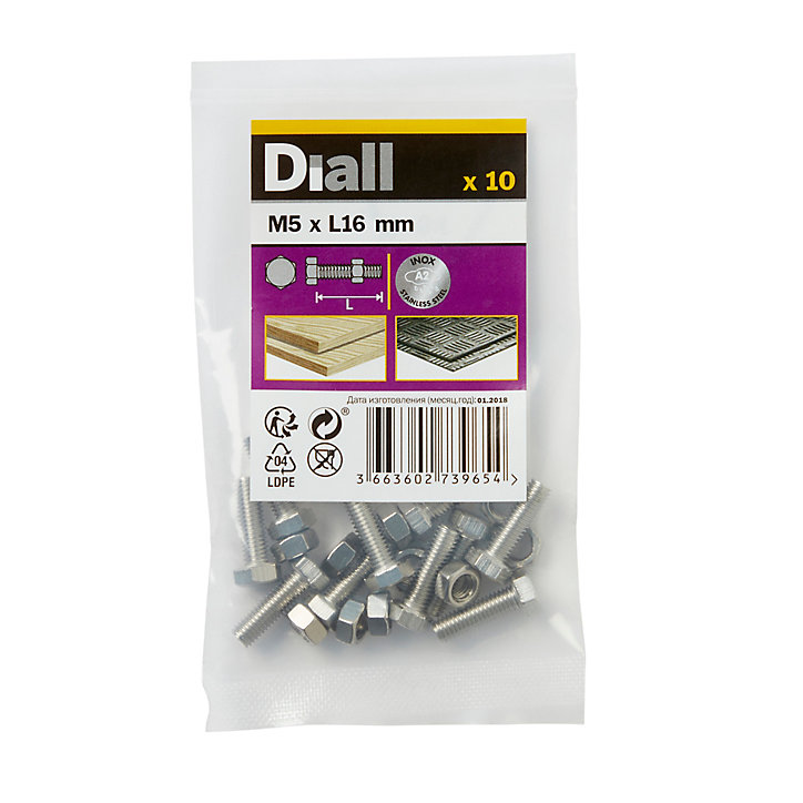 10 boulons tête héxagonale inox 5 x 16 mm