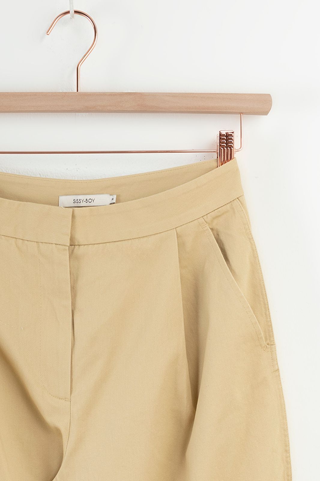 Beige mid rise katoenen bandplooibroek