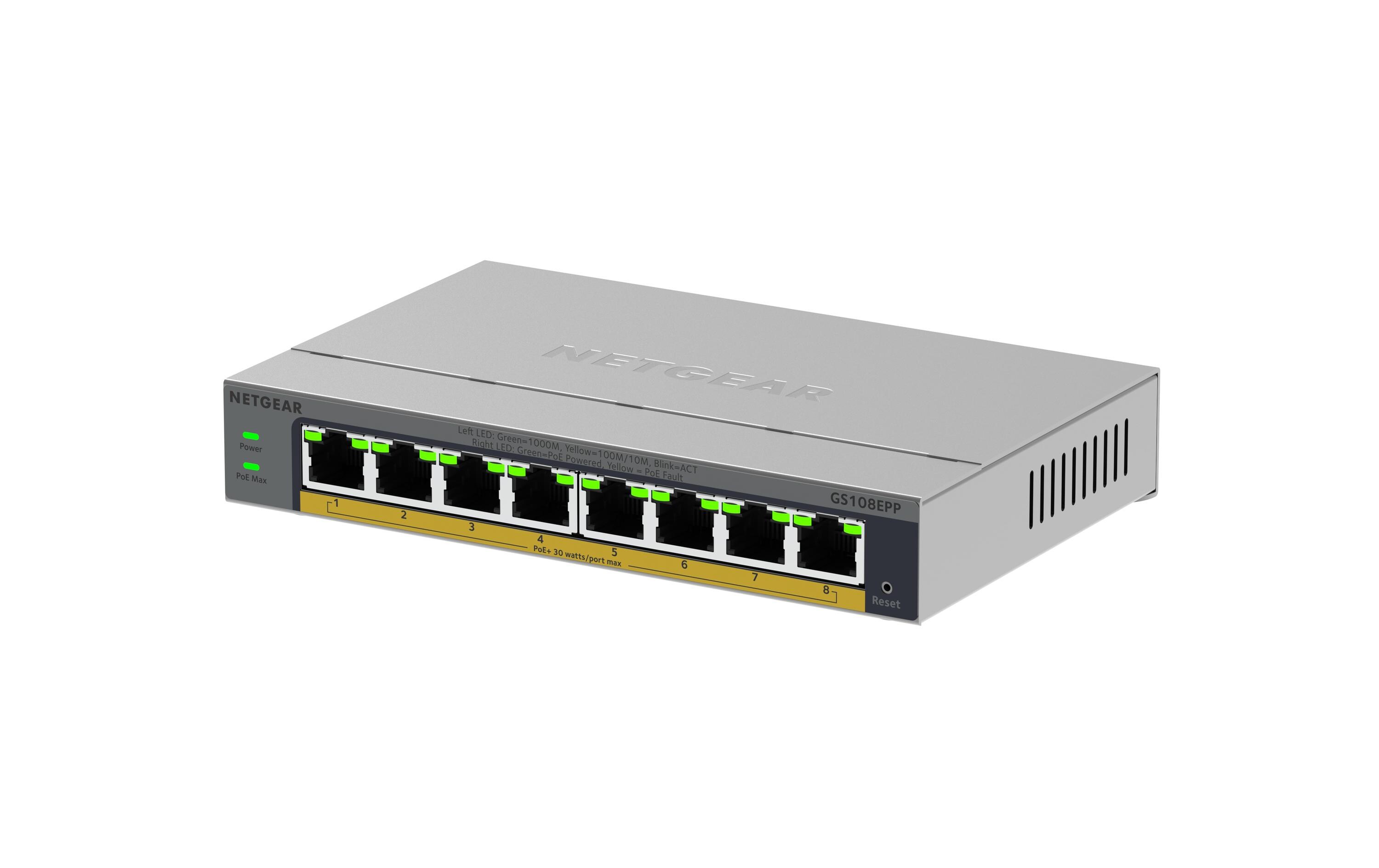 PoE+ Switch GS108EPP-100EUS 8 Port<br>8-Port-Gigabit-Ethernet-Hochleistungs-PoE + Smart Managed Plus-Switch, PoE Budget 123 W, lüfterlos, Metallgehäuse