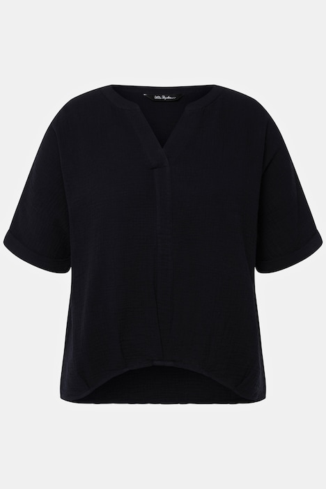 Musselin-Bluse, Oversized, Tunika-Ausschnitt, Halbarm