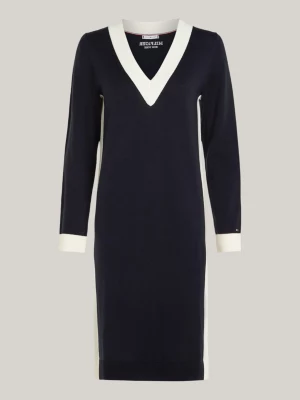 Vestido de malha estilo universitário com decote em V e mistura de lã
