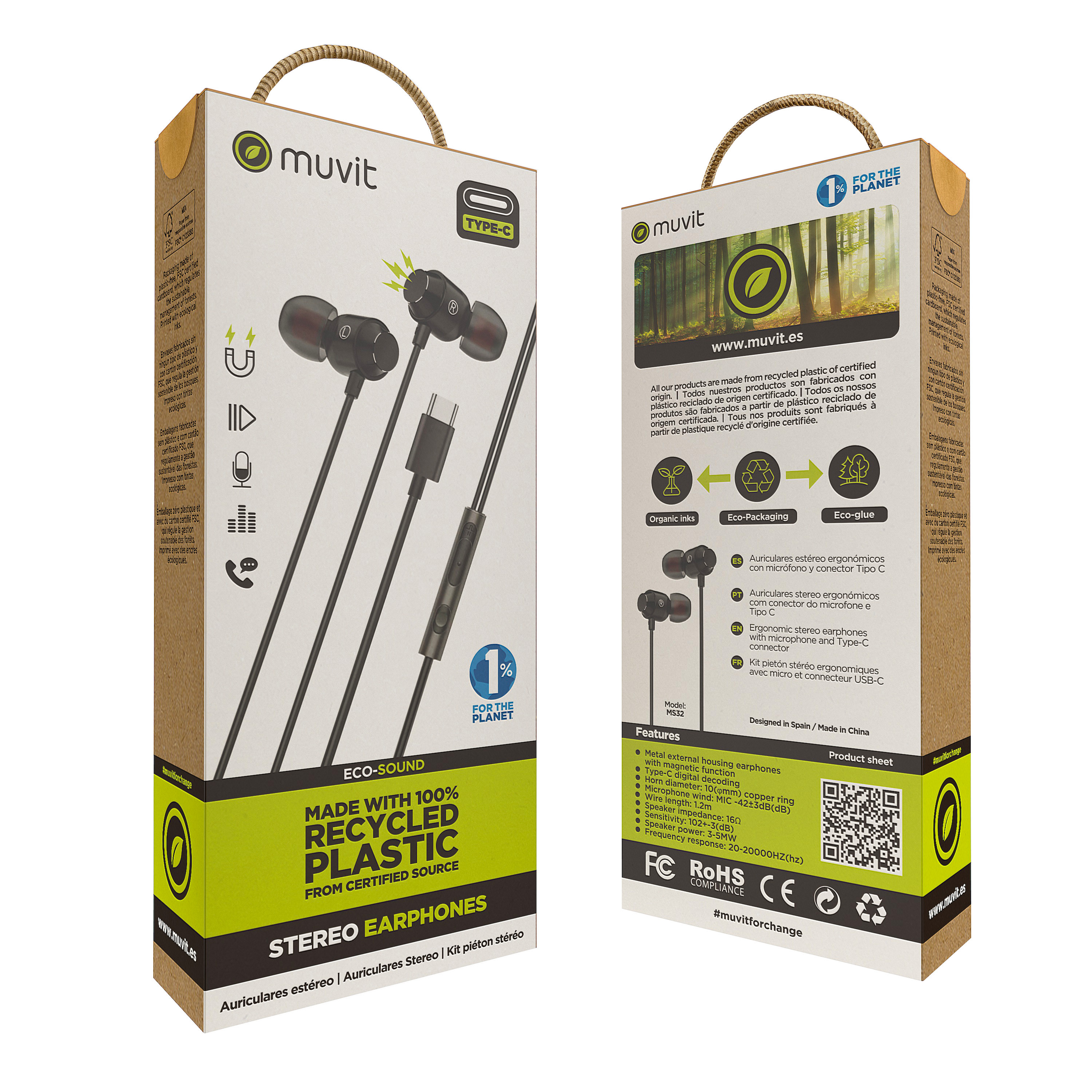 Fones de ouvido magnéticos estéreo Muvit M32 com carregamento tipo C
