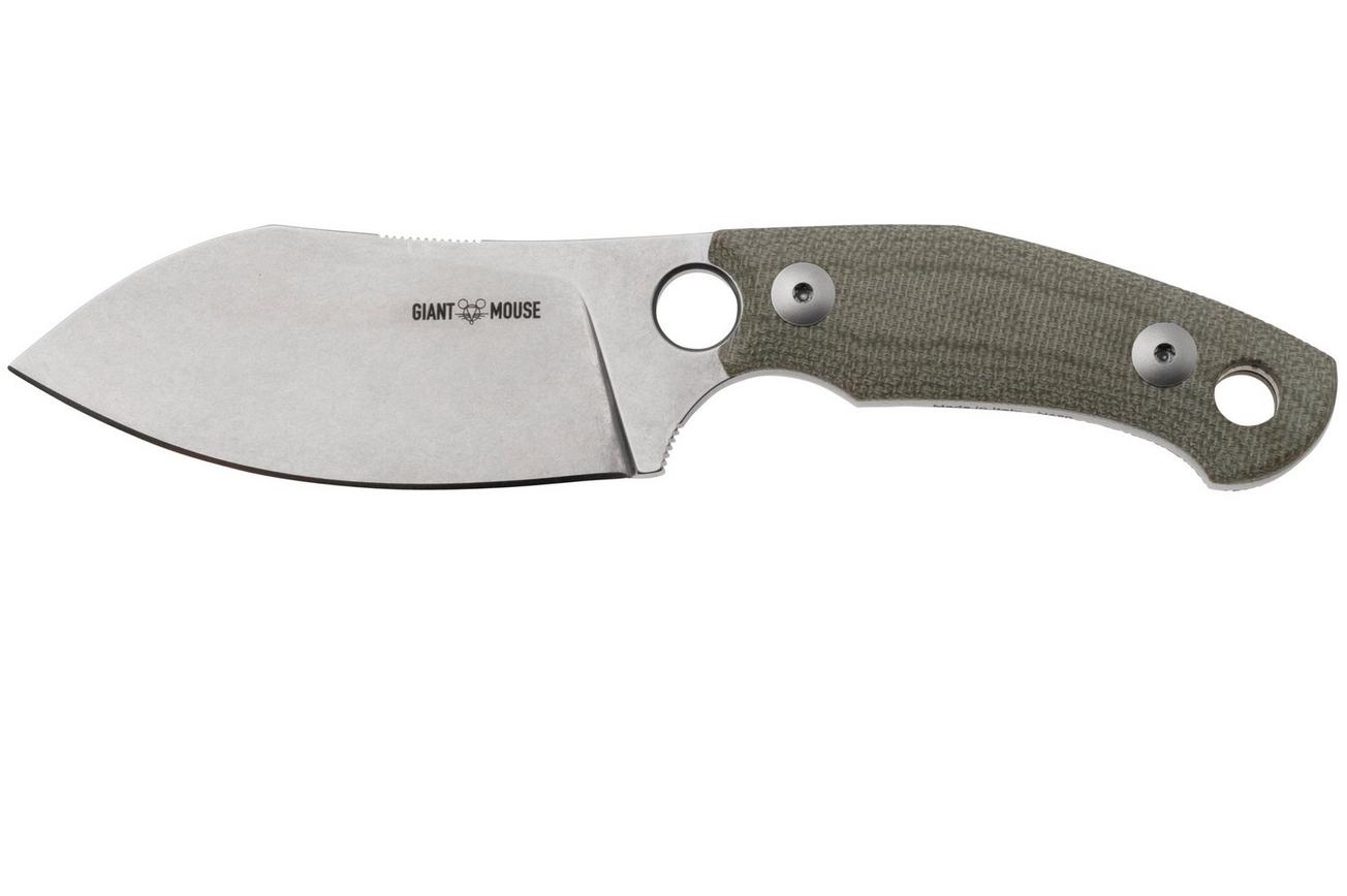 GiantMouse GMF1-XL Green Canvas Micarta, Stonewashed N690, Burgundy Leather Sheath, vaststaand mes