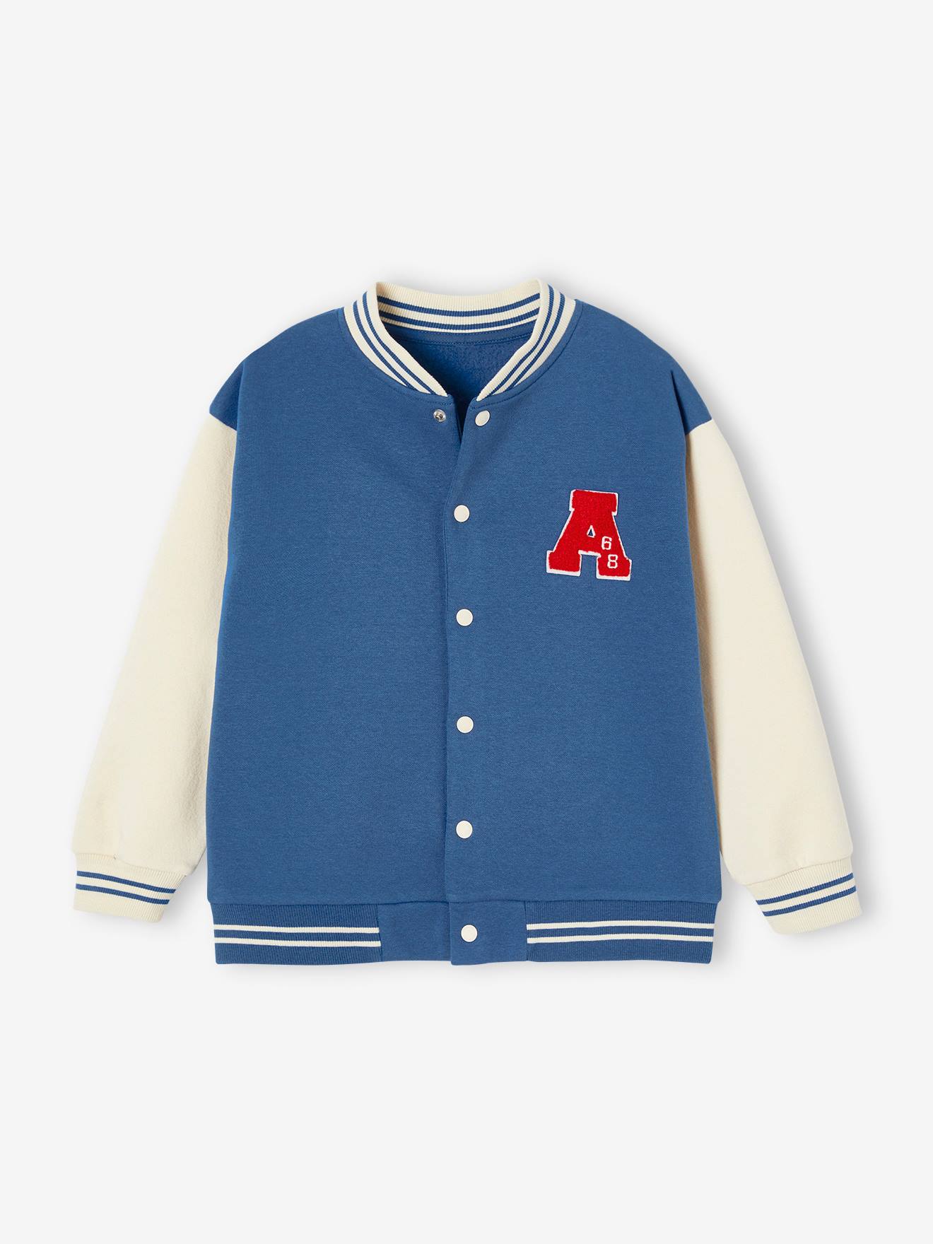 Moletom universitário azul infantil estilo teddy com botões de pressão na frente.