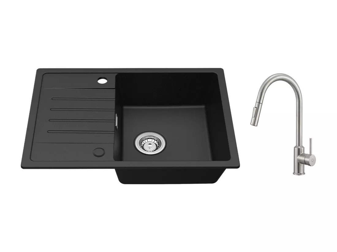 Cecipa max Evier 1 Bac avec Egouttoir Evier à encastrer Quartz Noir 65x45cm + Mitigeur de Cuisine avec Douchette Extractible,2 Modes de Sortie D'eau