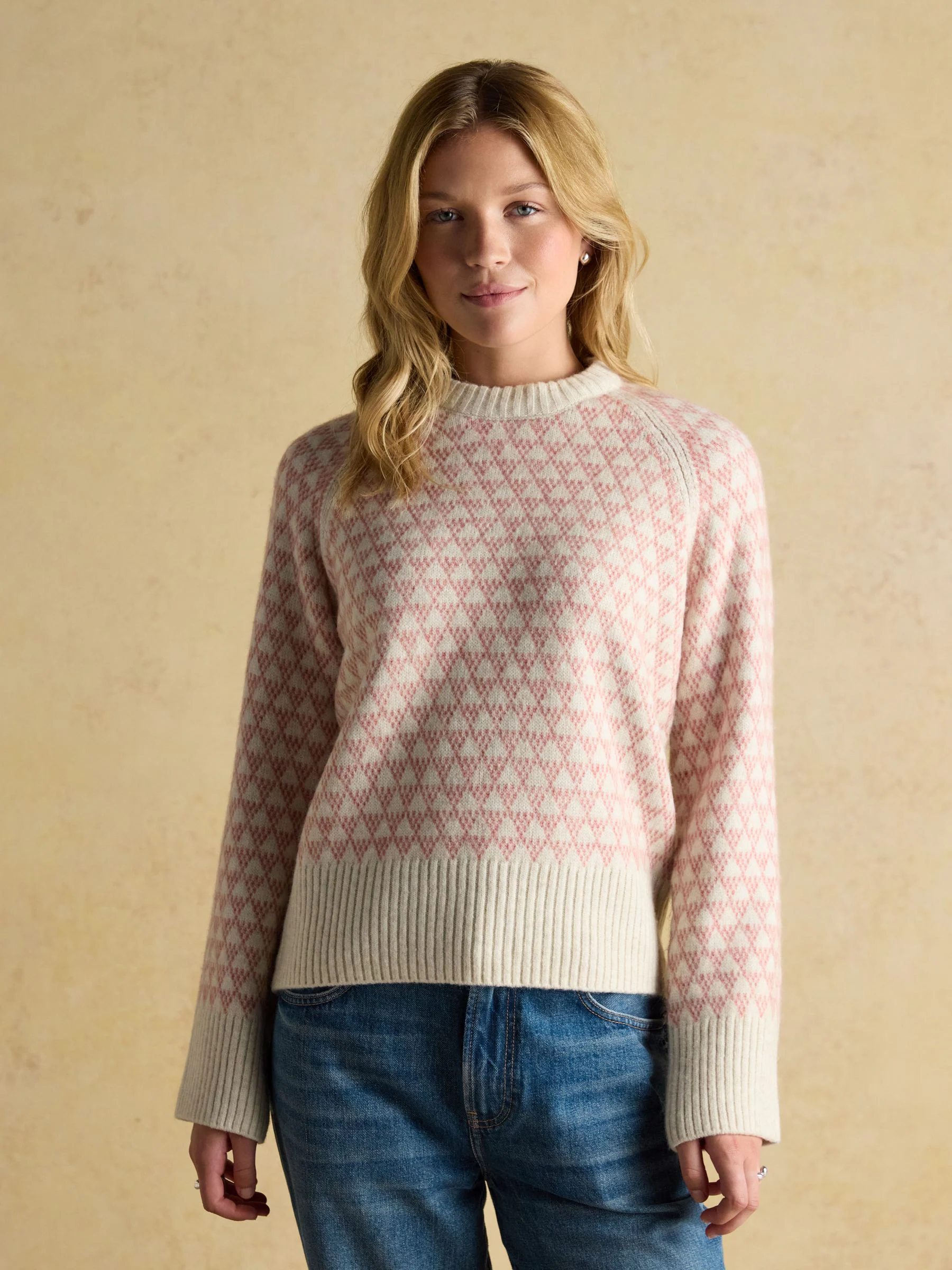 Roze crème - Joules Addison Patterned Knitted Jumper with Detachable Roll Neck