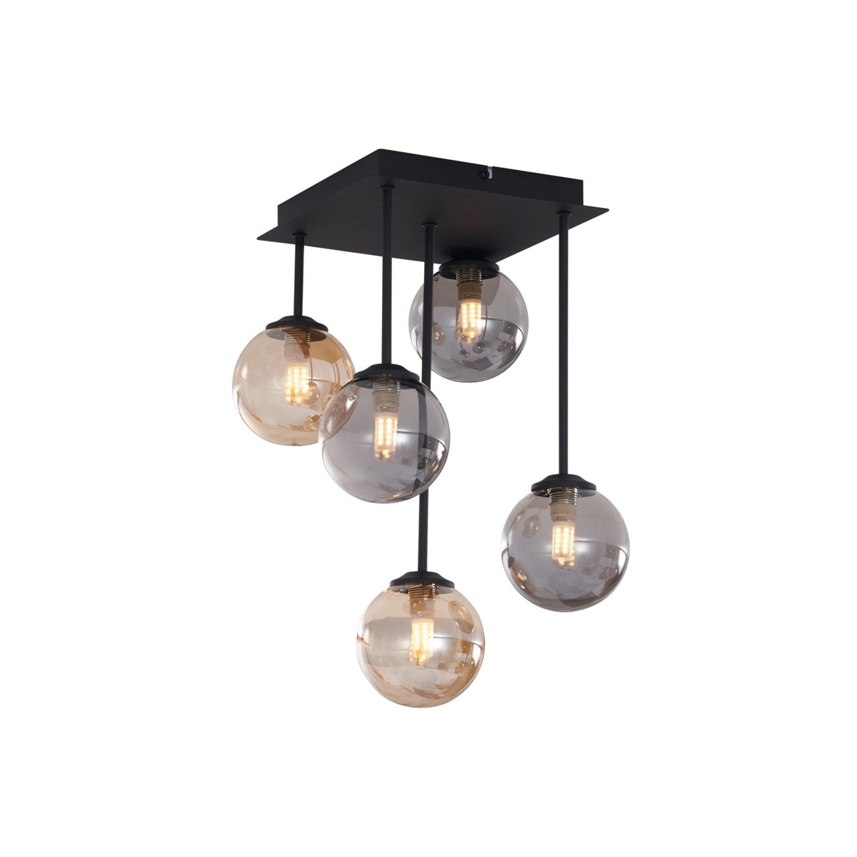 Moderne plafondlamp zwart met amber en smoke glas 5-lichts - Athens