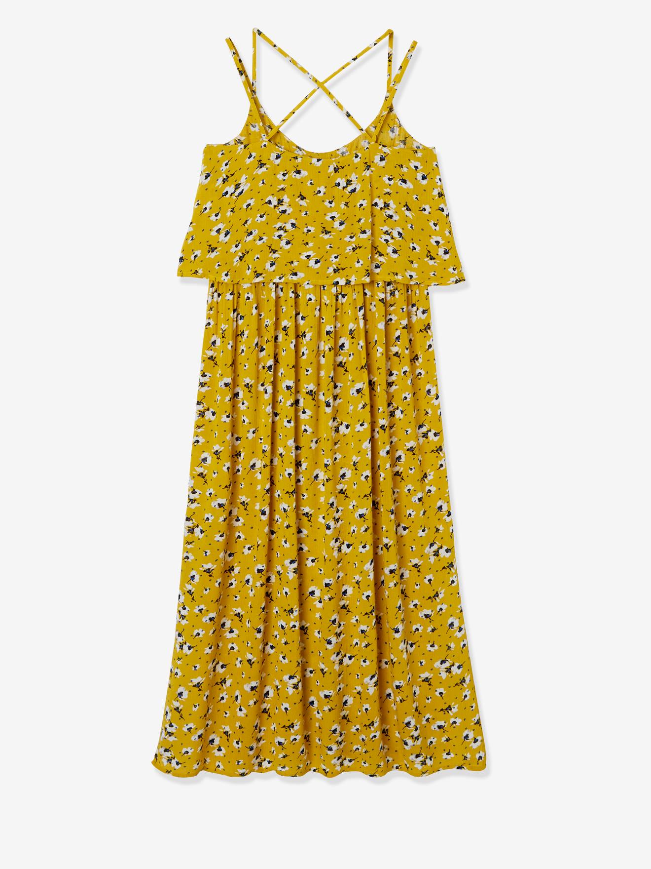 Vestido longo de maternidade com estampa preta escura e detalhes de fantasia.