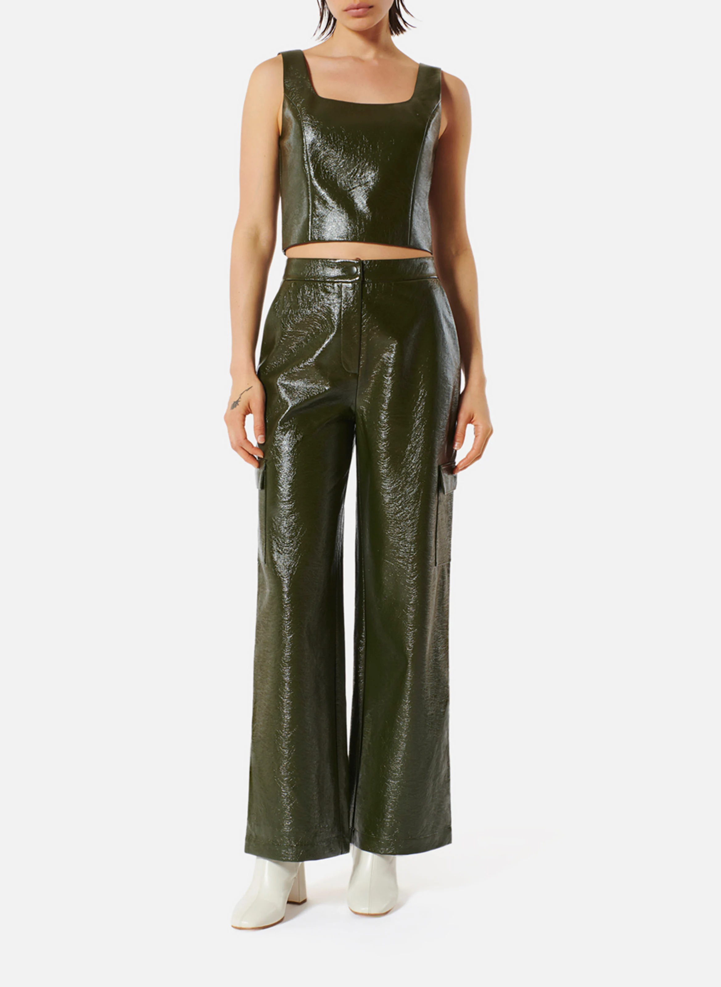 PARADIS - Pantalon large taille haute effet cuir | Vert