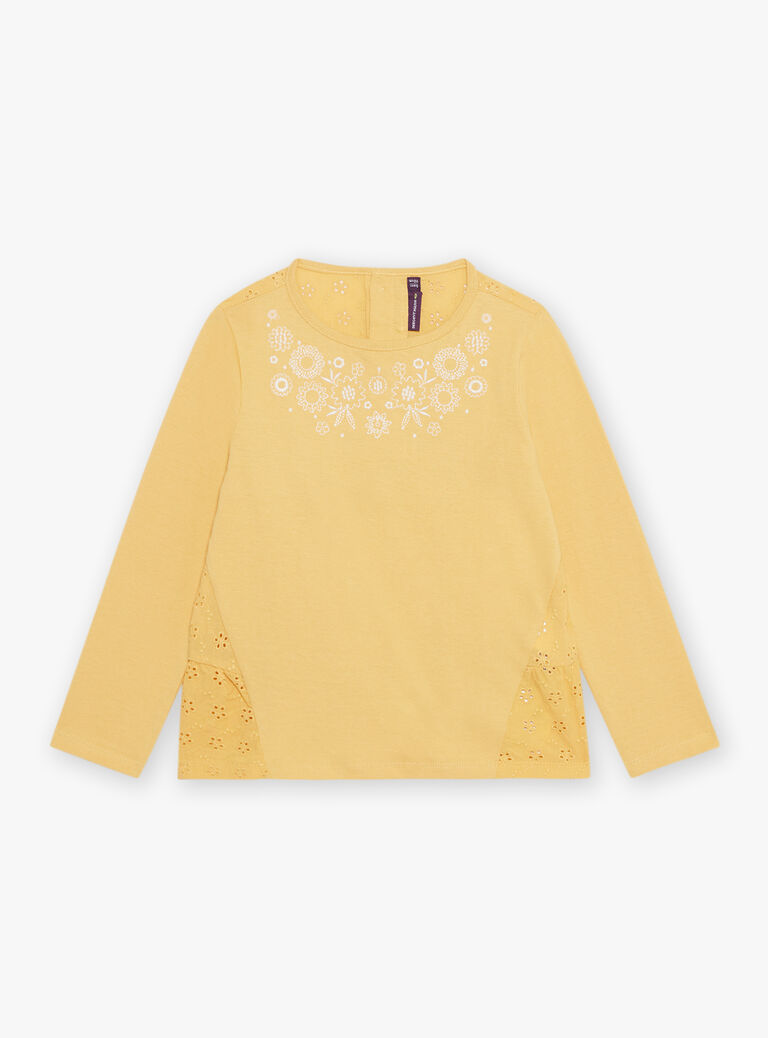 T-shirt jaune mimosa à broderies fleuries