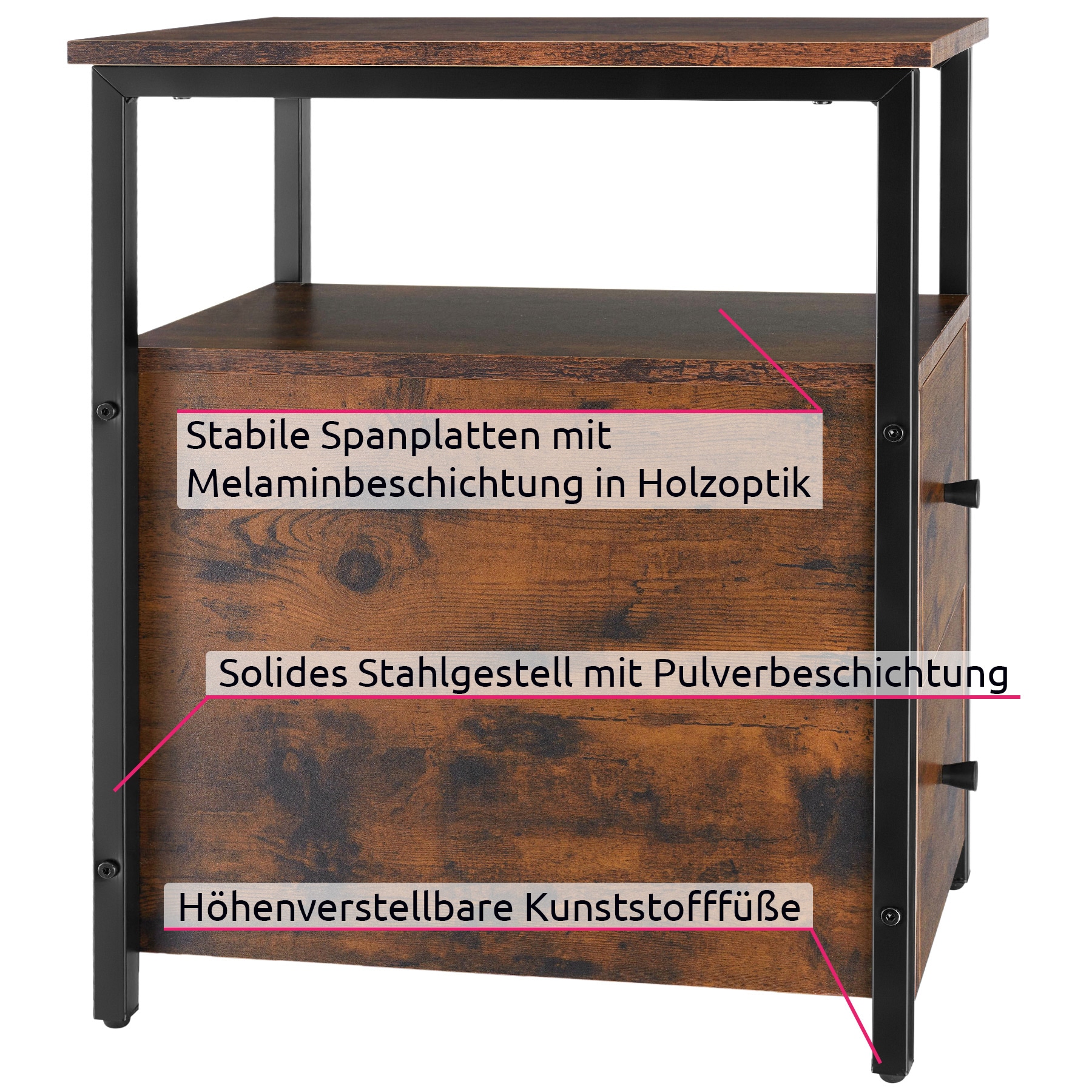 tectake® Nachttisch, Industrial Style, 2 Ablagen und 2 Schubladen, 30 x 49,5 x 61,5 cm