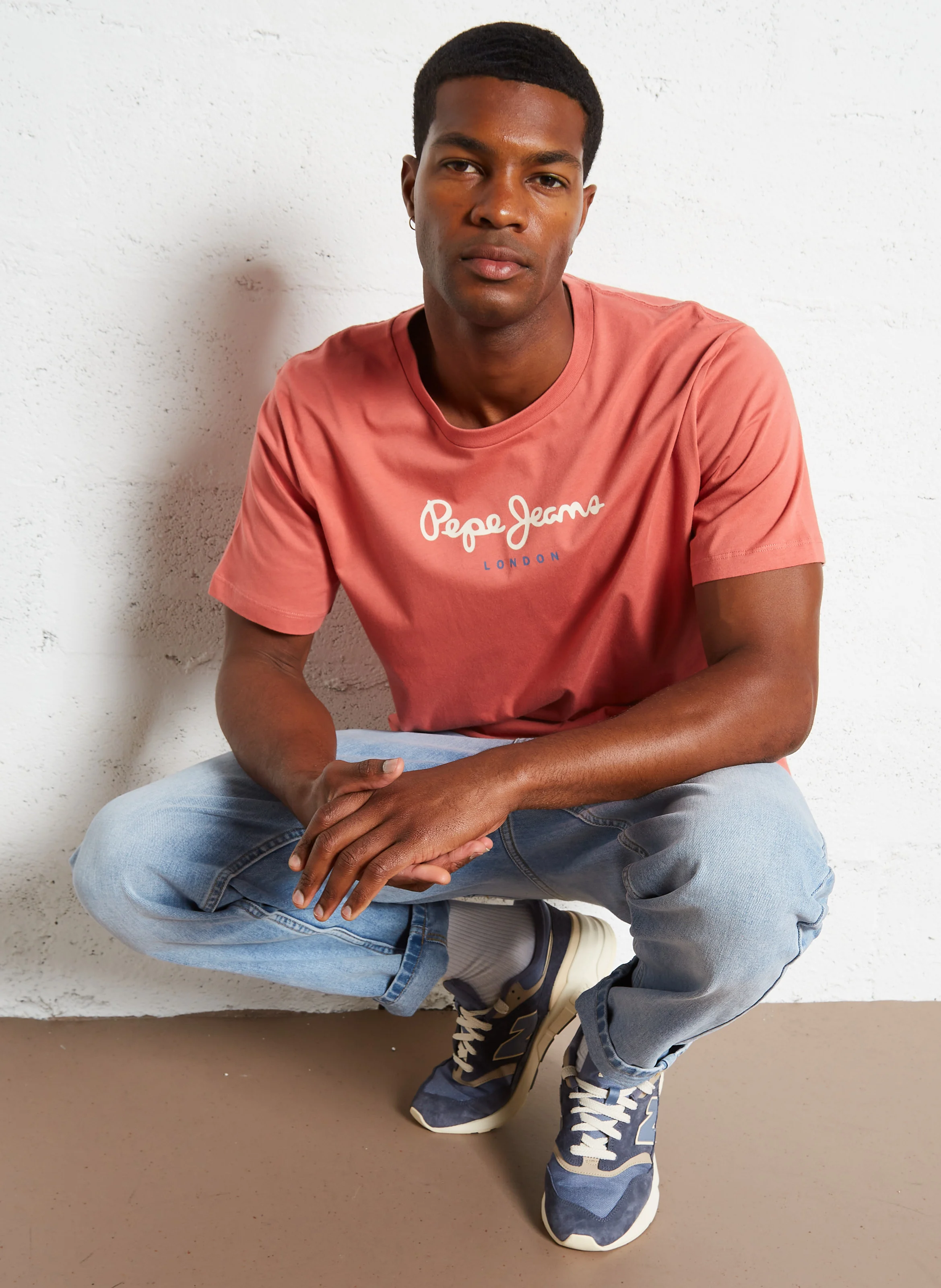 Tee-shirt col rond sérigraphié en coton | Marron