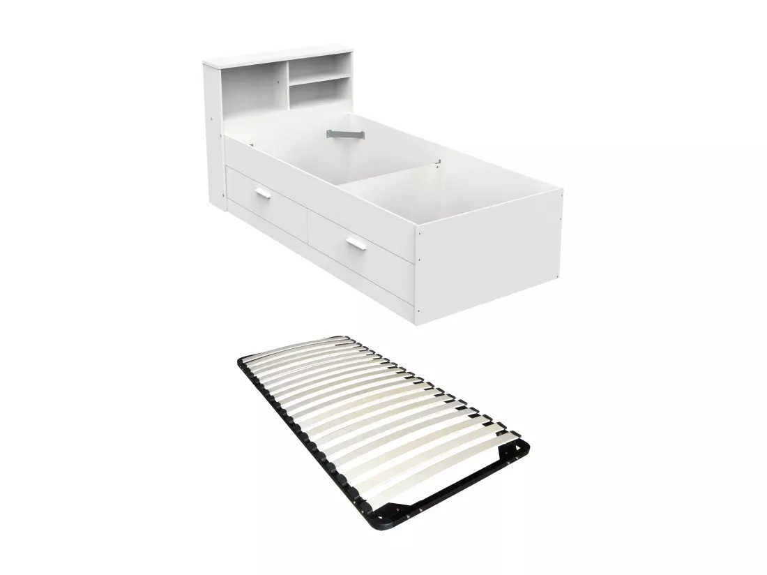 Lit 90 x 190 cm avec tiroirs et rangements - Coloris : Blanc + Sommier - BORIS II