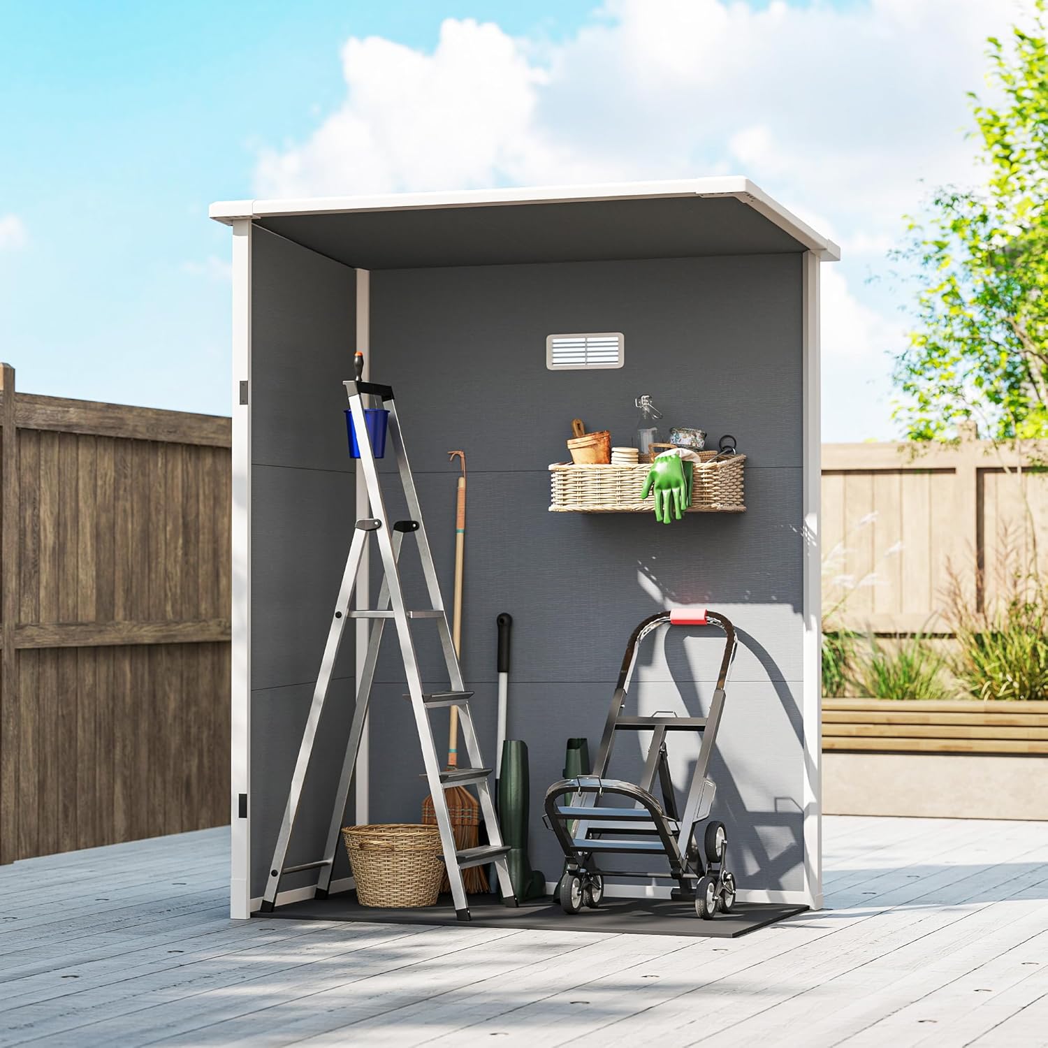 Outsunny Gerätehaus Kunststoff 1,14m² 151 x 92 x 193cm Geräteschuppen mit Pultdach Boden Fenster Abschließbarer Tür wetterfest Gartenhaus Outdoor Garten Schuppen für Hinterhof Grau