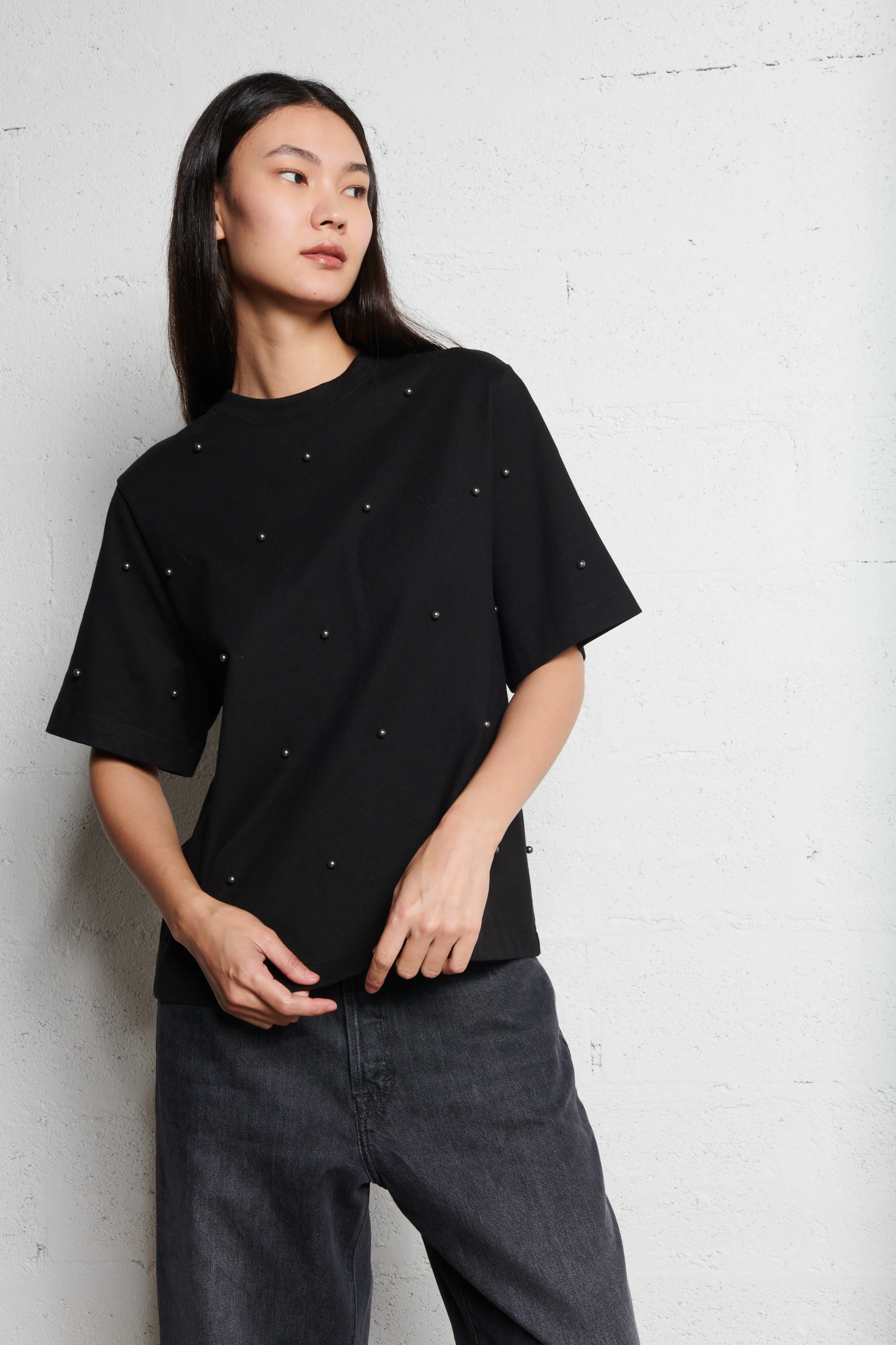 ENZO - Tee-shirt droit à perles en coton | Noir