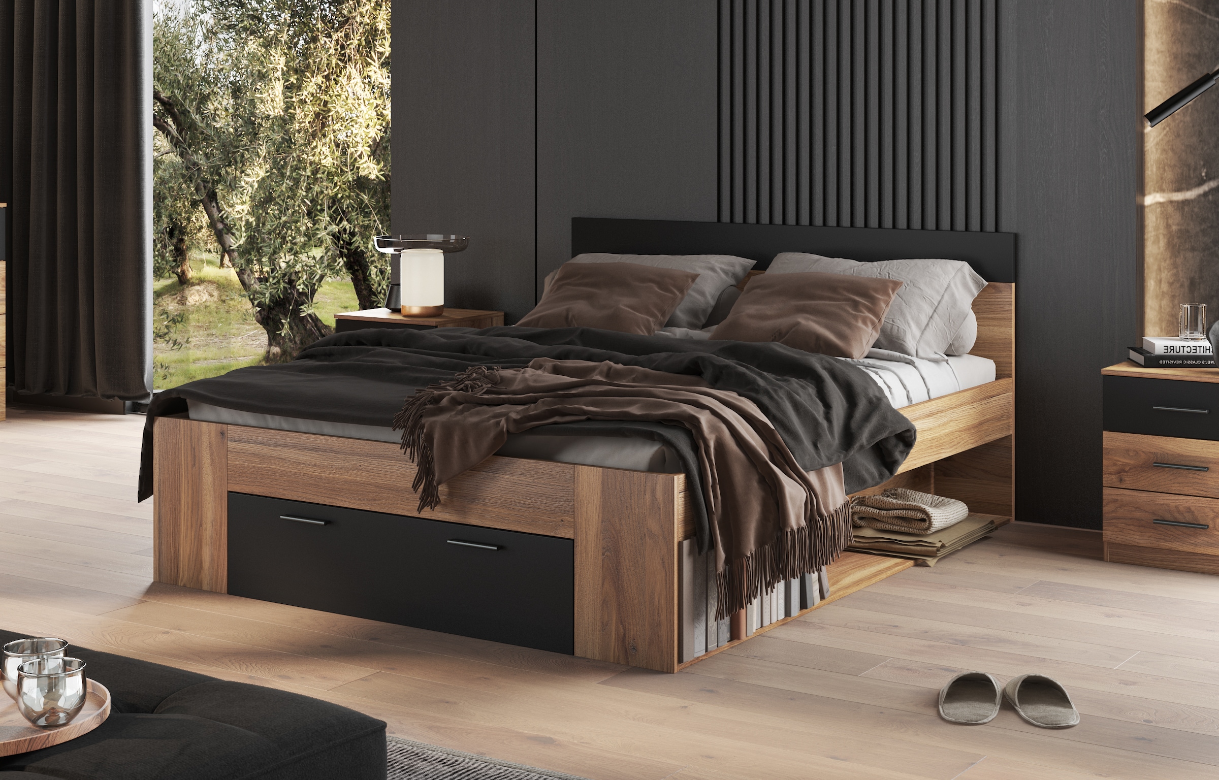 Home affaire Bettgestell »Faweza, Breite 160 bzw. 180 cm, Stauraumbett« Funktionsbett Schublade mit extra viel Stauraum