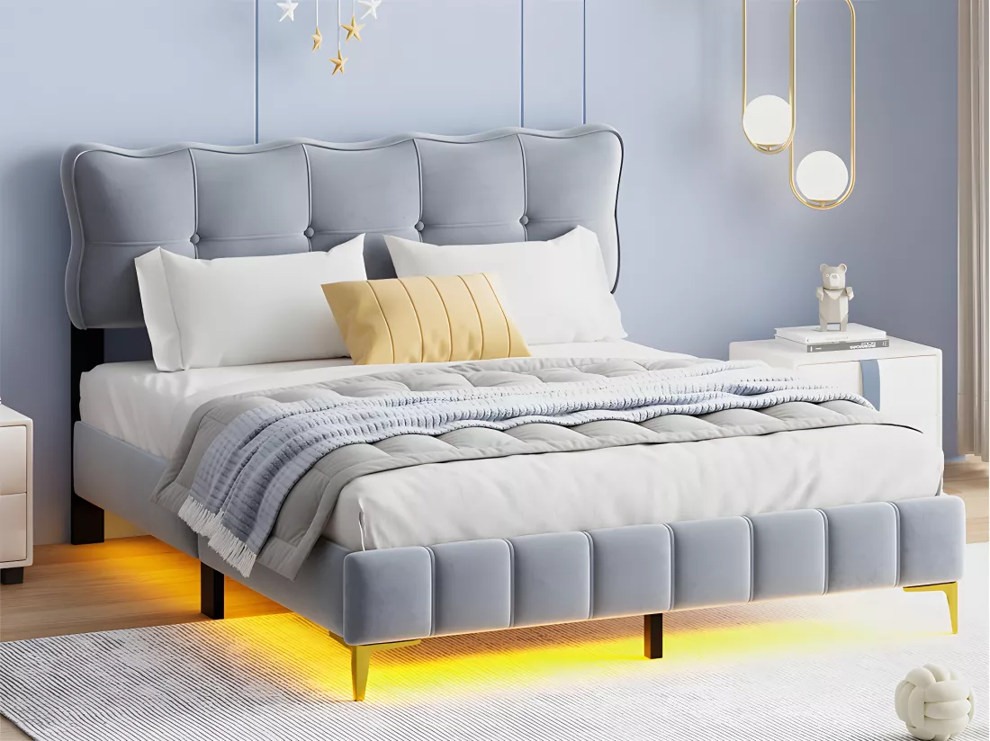 Lit 160x200cm en velours - avec éclairage LED et sommier à lattes - Gris