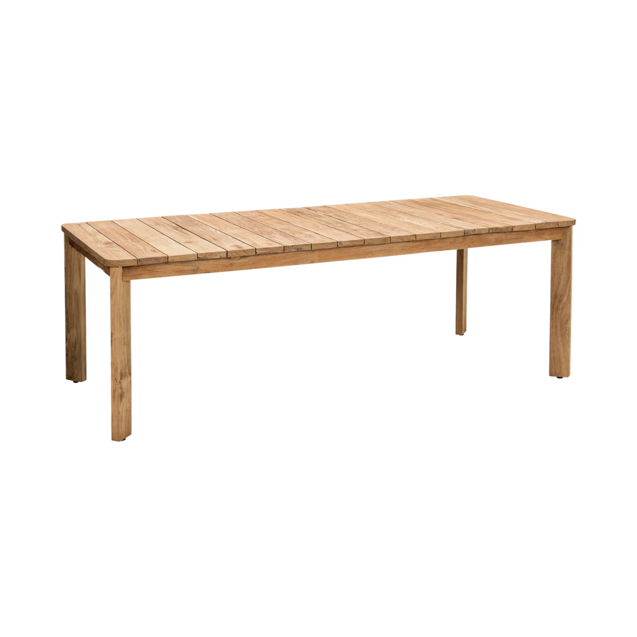 Table à manger en ancien teck recyclé . 220cm + 6 chaises et 2 fauteuils en rotin naturel et métal. Coussins naturels
