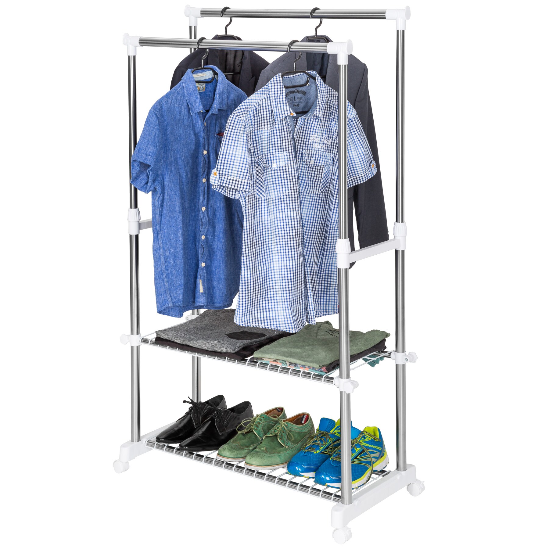 tectake® Kleiderständer, auf Rollen mit 2 Festellbremsen, pflegeleicht, 84 x 42 x 95 - 170 cm