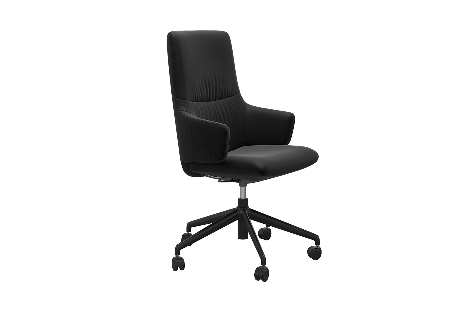Mint kontorstol Høy stol i hud Paloma Black med arm og matt sort understell
