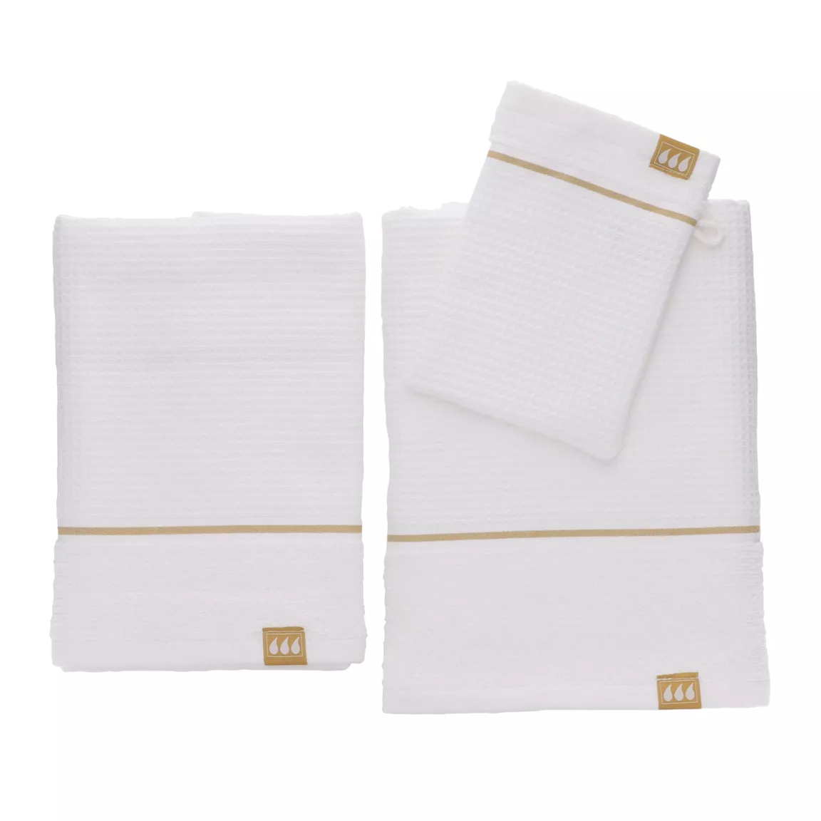 Lot de serviettes de bain 50x90 cm + 70x130 cm + 1 gant de toilette Japandi Blanc et or