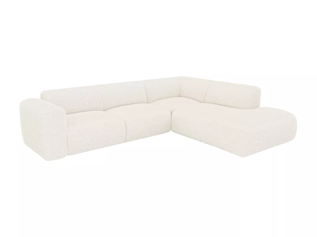 Grand canapé d'angle droit avec dossier méridienne en tissu bouclette blanc POGNI de Maison Céphy
