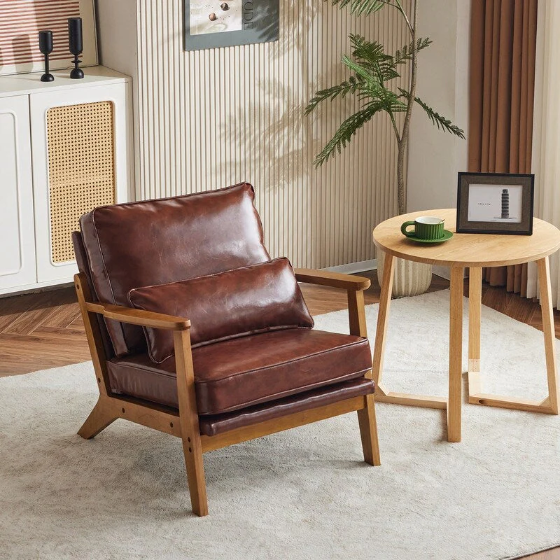 Upholstered Linen Blend Accent Chair with Wooden Legs and One Pillow Beige