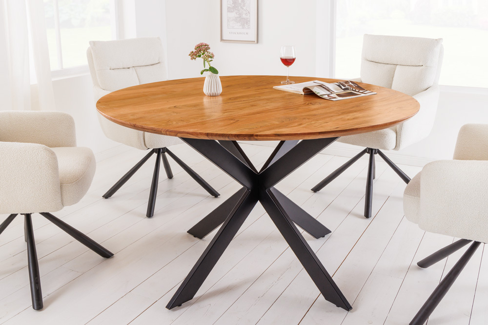 Massivholz Esstisch GALAXIE 130cm rund Akazie natur schwarzes Metallgestell