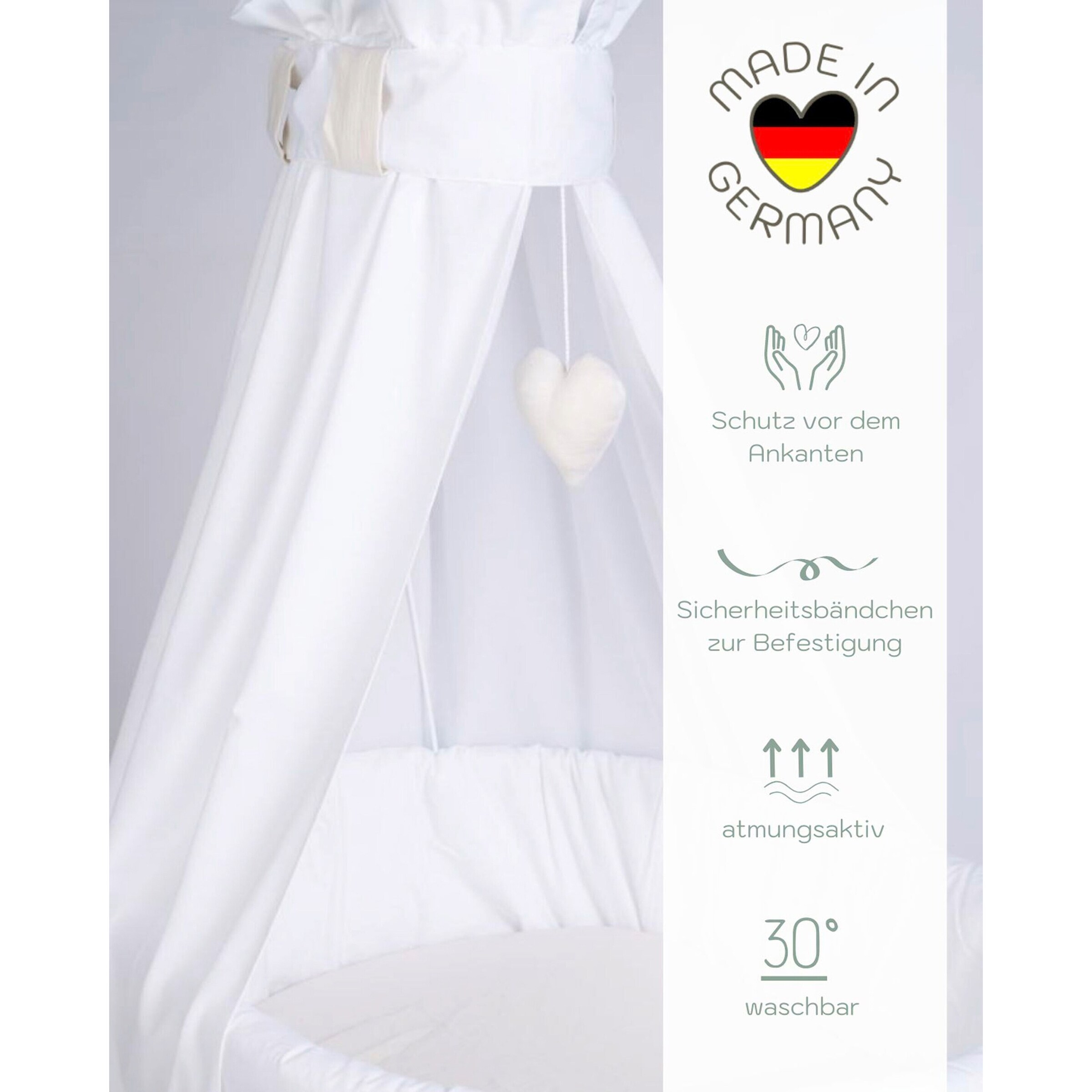 Mionido Textiles Set für Stubenwagen Uni Herz creme
