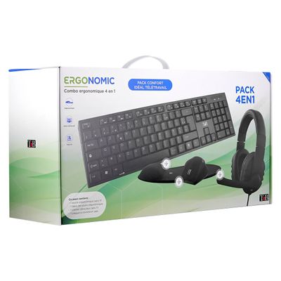 T'nB ERGONOMIC - ensemble clavier, casque et souris sans fil + tapis ergonomique - noir