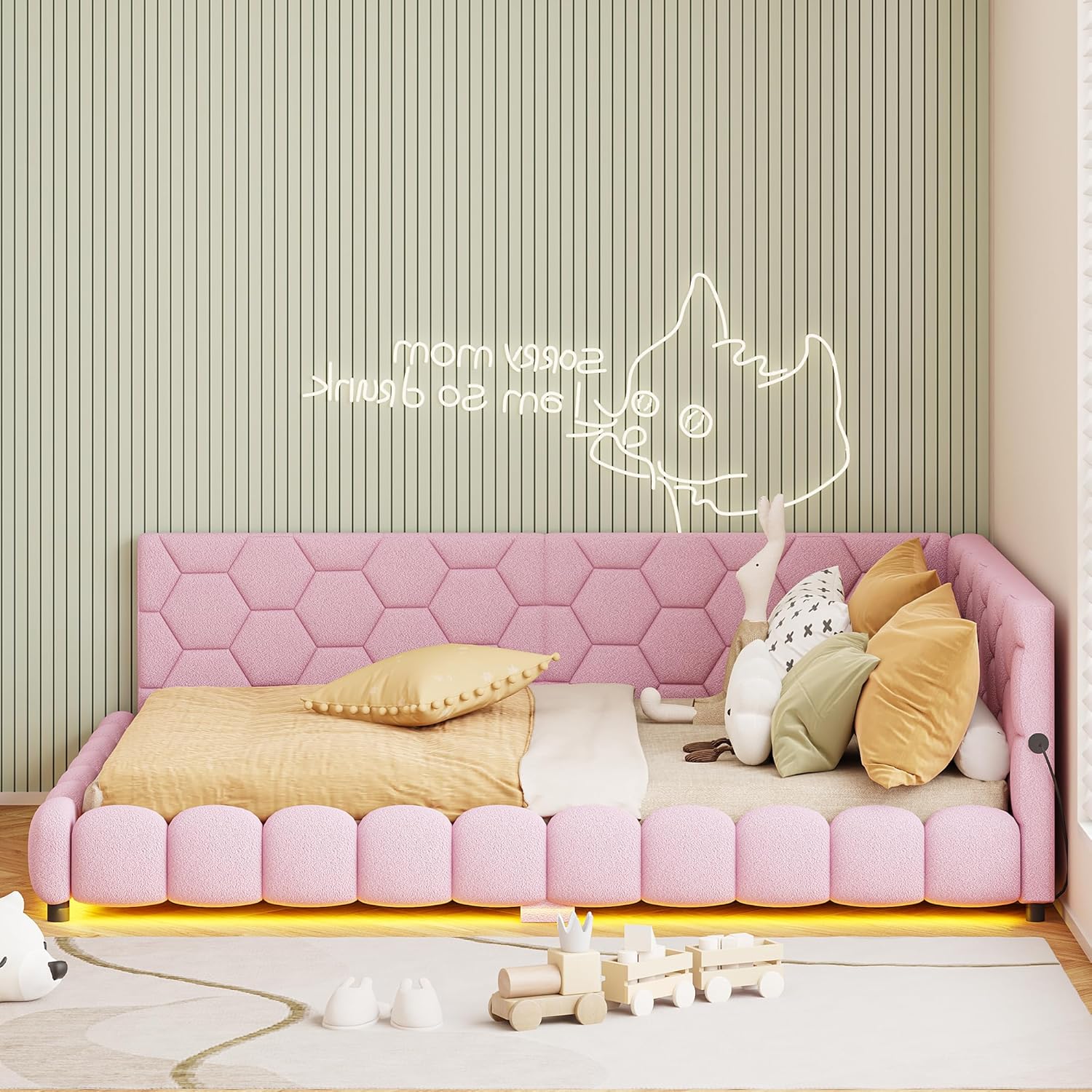 Polsterbett Schlafsofa 140x200cm, mit Umgebungslicht und USB-Anschluss, Kinderbett mit Lattenrost, Funktionsbett, Jugendbett,Lammwollmaterial, Rosa