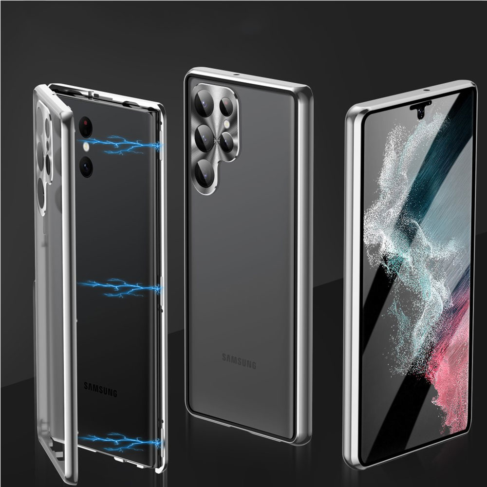 Samsung Galaxy S23 Ultra 5G Magnetische Alu Schutzhülle mit Panzer Glas Backcover   Display- / Kameraglasschutz (Verschlussmechanismus) - Schwarz