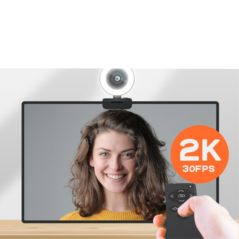 HD Webcam 4MP 2K Full HD Kamera Laptop / PC mit Mikrofon / Autofokus / LED Ringlicht und Fernbedienung - Schwarz