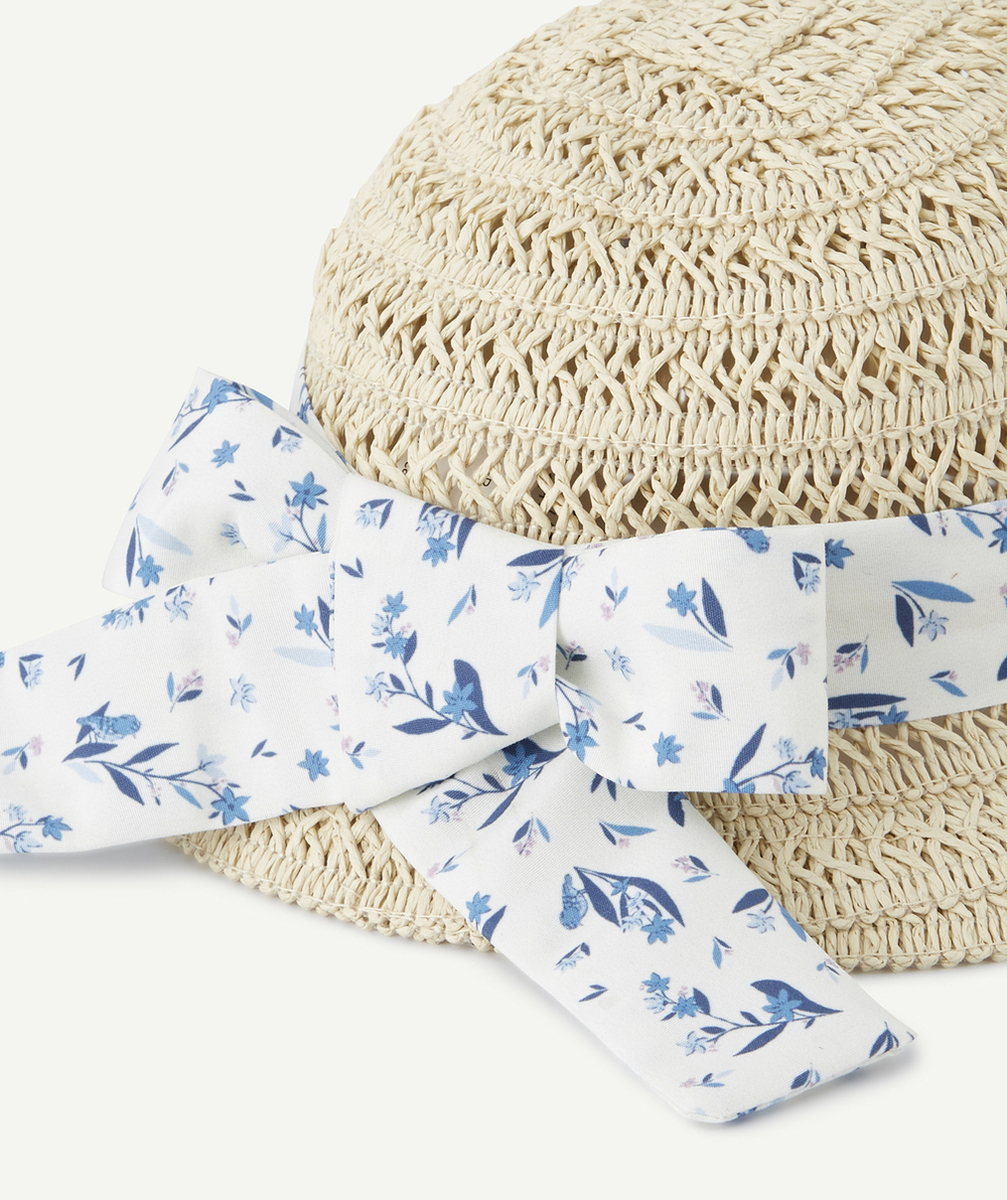 CHAPEAU DE PAILLE FILLE AVEC BANDE DE TISSU BLANC FLEURI