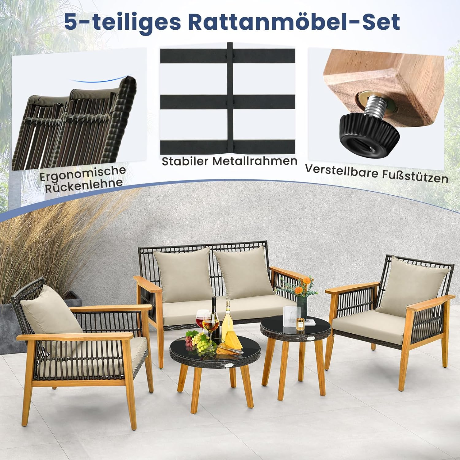 COSTWAY 5-teiliges Rattan Gartenmöbel Set Akazienholz, Gartenbank & 2 Gartenstühle & 2 Couchtische, Sitz- und Rückenkissen, Terrassenmöbel Polyrattan Sitzgruppe für Hinterhof, Poolbereich