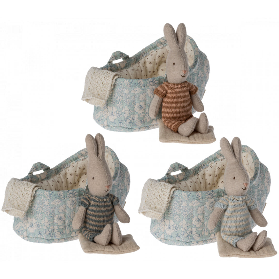 Maileg knuffelkonijn in wieg blauw - micro - 11 cm - assorti