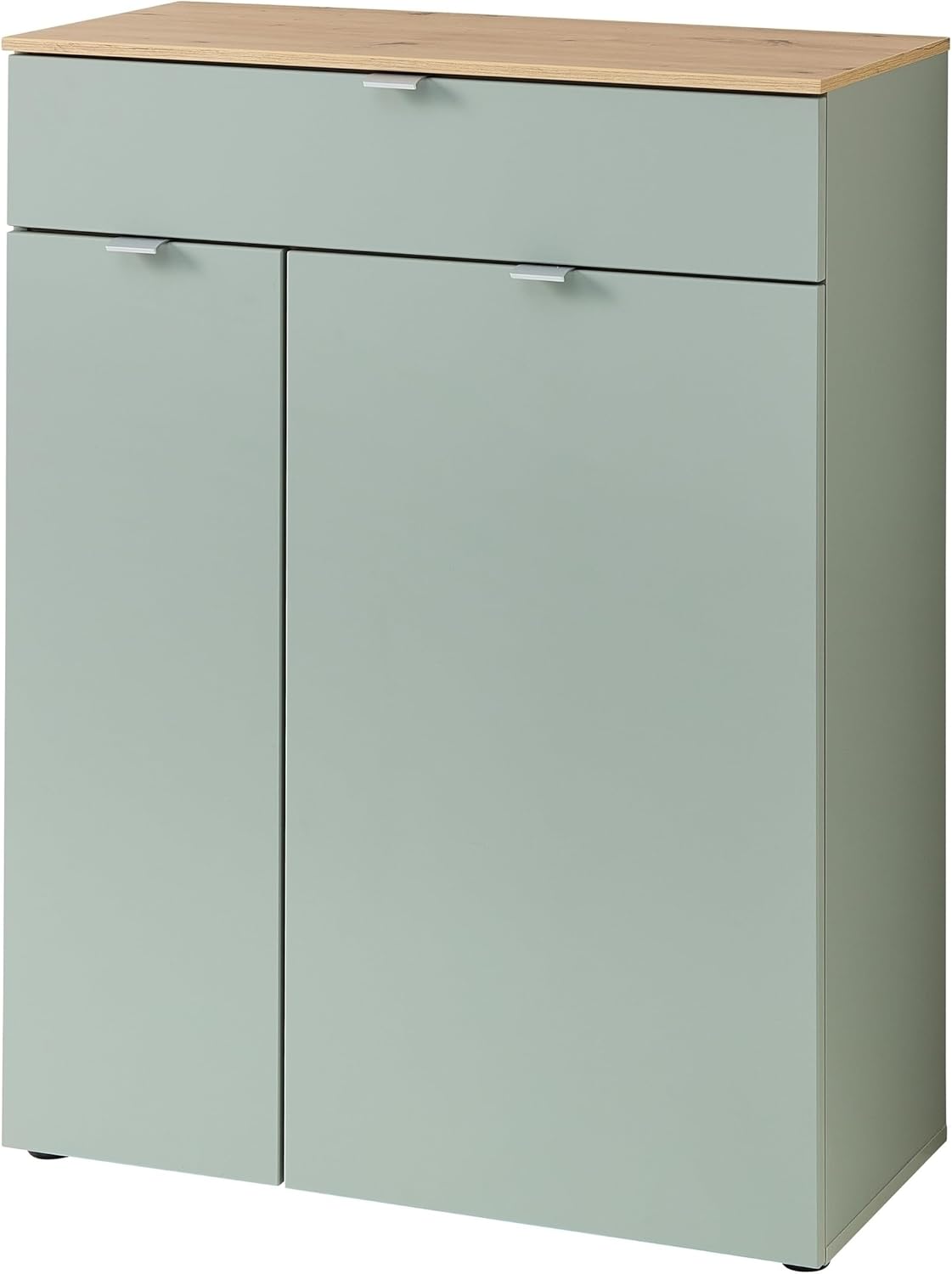 möbelando Garderoben-Set >Bari< (2-teilig) Schuschrank 78x103x38cm mit 3 Böden und Schublade, Spiegel 78x80x17cm mit 2 Böden, Schilfgrün supermatt/Artisan Eiche Dekor - 78x190x38cm (BxHxT)