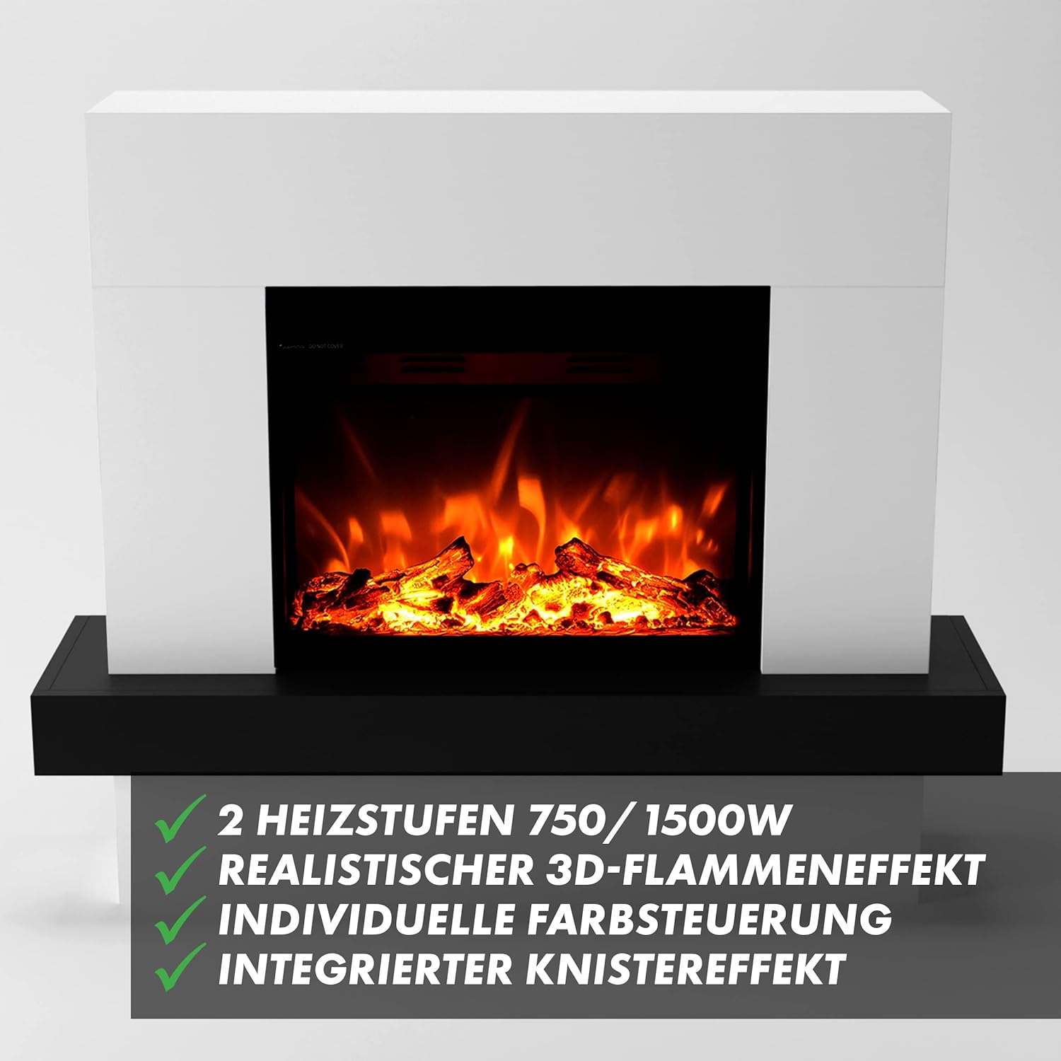 GLOW FIRE Elektrokamin mit Heizung und Kaminfeuer (Standkamin Pandora) - elektrischer Kamin mit LED-Feuer in 3 Farben, Heizlüfter, Holz-Deko & Fernbedienung, 114x97x32 cm, Weiß