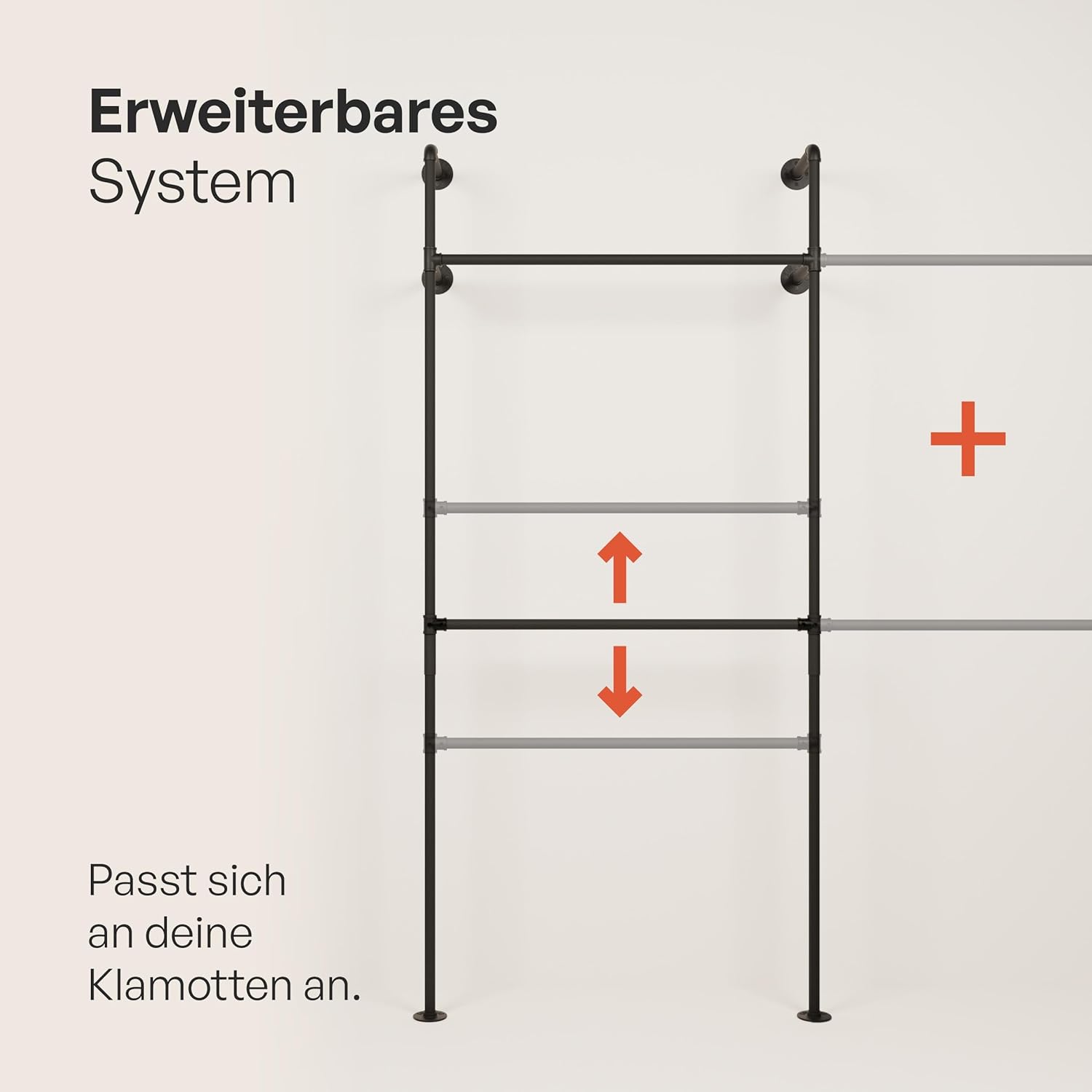 pamo Kleiderstange Wandmontage 296 x 222 cm - Begehbarer Kleiderschrank offen Kleiderständer industrial schwarz aus Metall Wasserrohren - 460 kg Traglast
