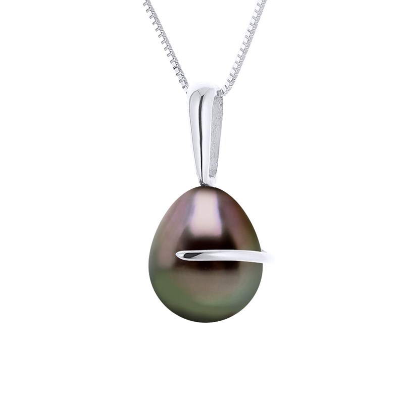 Pendentif Bélière avec Retour Or Blanc et Véritable Perle de Culture de Tahiti Poire 8-9 mm