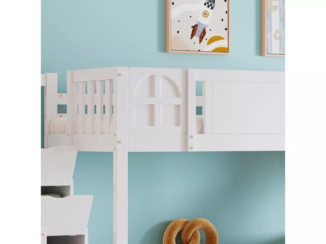 Lit superposé enfant 90x200 cm - avec fenêtre - avec toboggan enfant - tiroirs sur roulettes - escalier avec rampes - bois massif + MDF - blanc (sans matelas)