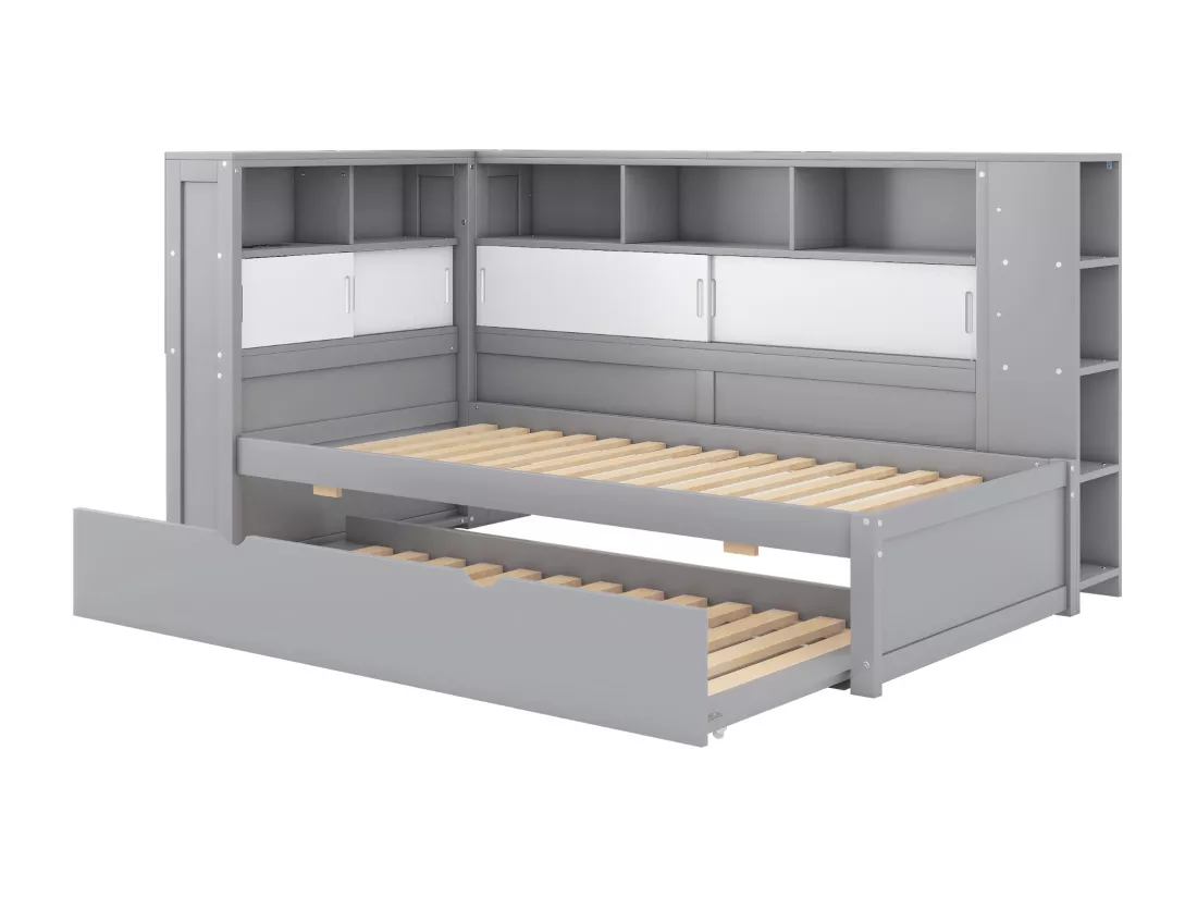 Lit gigogne en bois 90x200cm avec Ports de charge USB - entouré d'un cercle de rangements - Gris