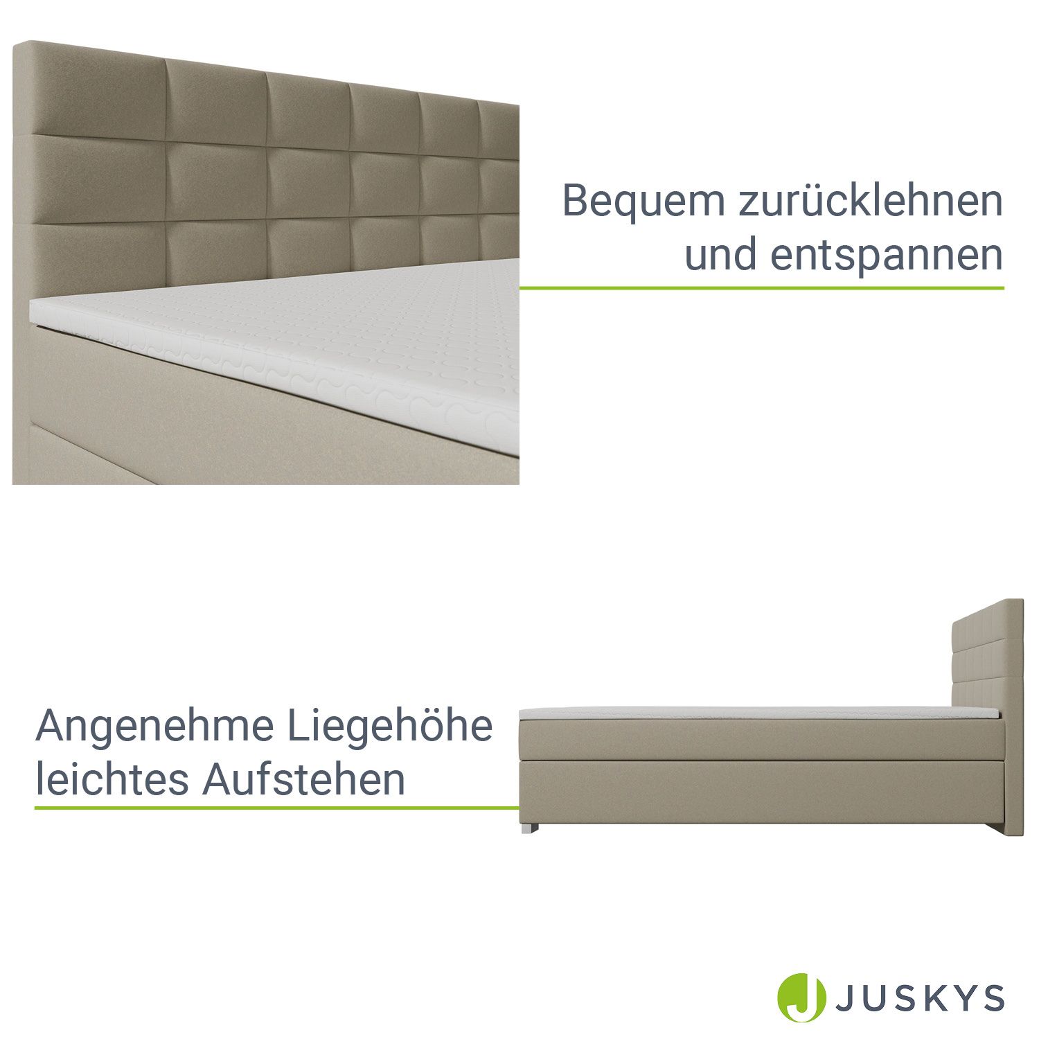 Juskys Boxspringbett Seattle 180x200cm - weicher Malmo-Stoff, komfortable Einstiegshöhe - Beige