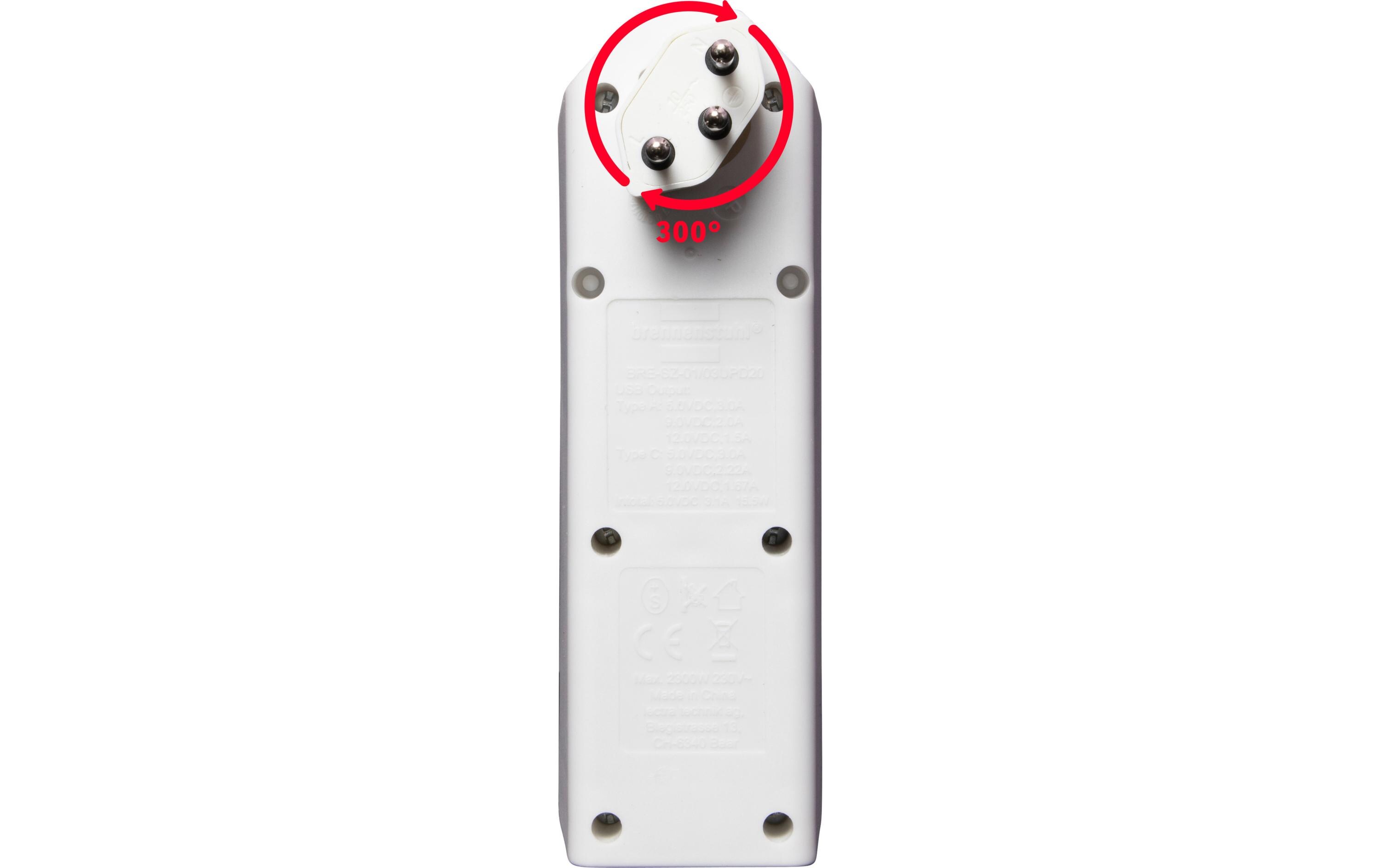 Abzweigstecker 3 x T13, 1 x USB A, 1 x USB C, 300° drehbarStabiler, formschöner Mehrfachstecker ohne Schalter aus hochbruchfestem Kunststoff