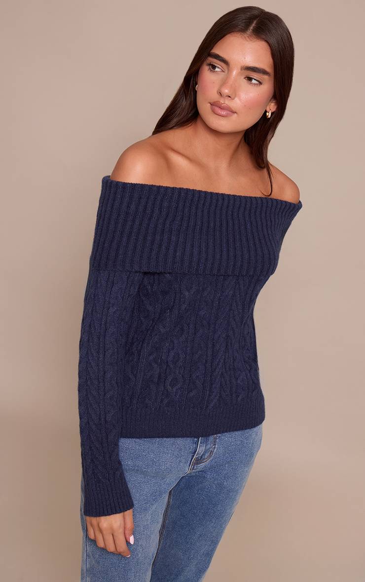 Bleu Marine Synthétiquell Bardot En Maille Torsadée Chiné