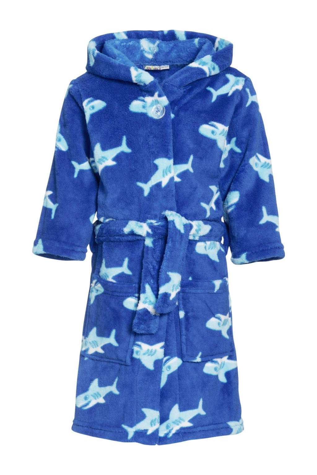 Playshoes fleece badjas Shark met haai dessin blauw/lichtblauw