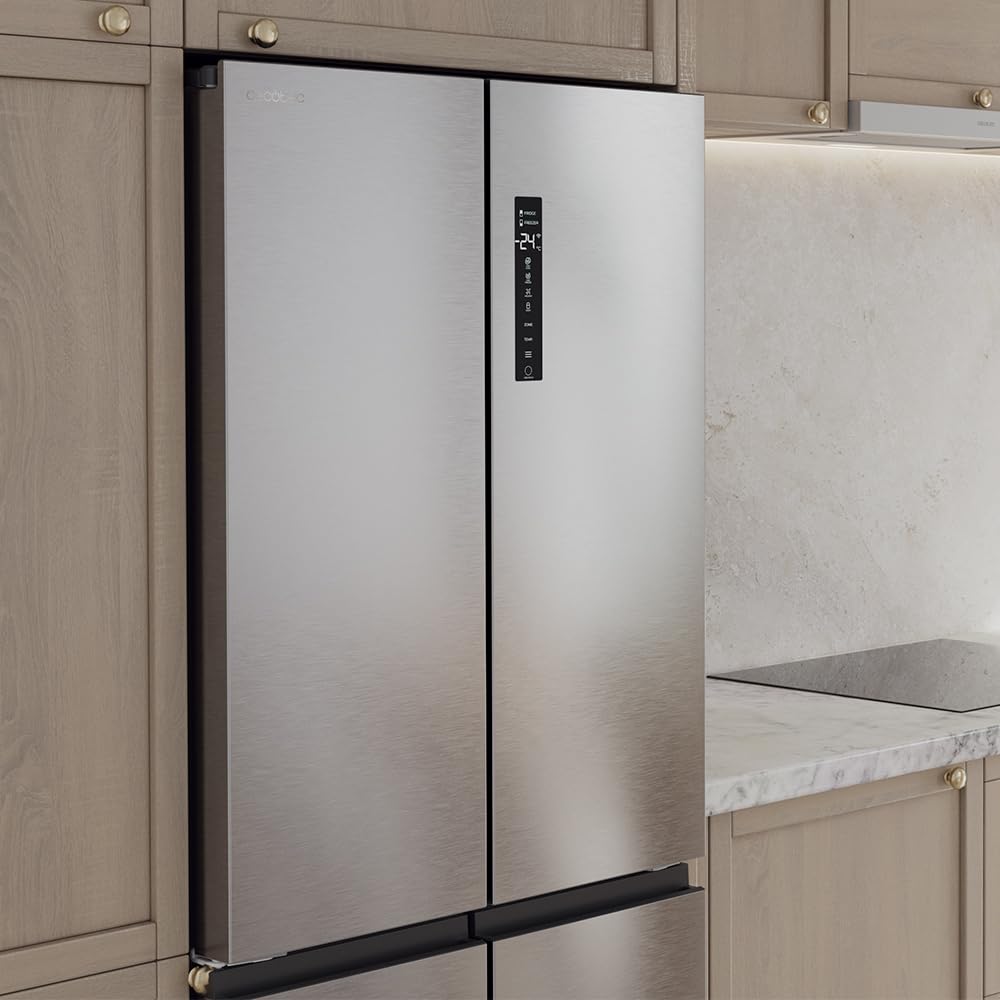 Cecotec Réfrigérateur 4 Portes Total No Frost Bolero CoolMarket 4D 394 Inox E,394 Litres, Hauteur 170 cm et 70 cm Largeur, Tiroir Température Variable