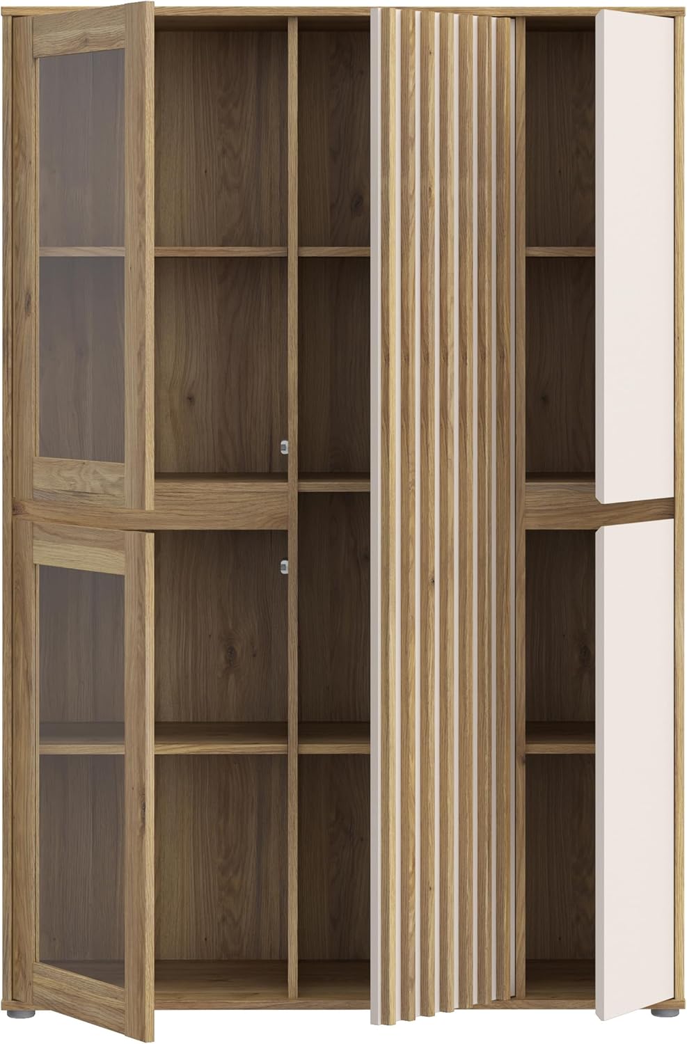 Forte ELISTON Vitrine 100 110, moderner Schrank mit Lamellendesign, 5-türig, Wohn-/Schlafzimmer, Mauvella Eiche Holzdekor|Kashmir Beige, 109,3 cm breit x 161,7 cm hoch x 41,5 cm tief